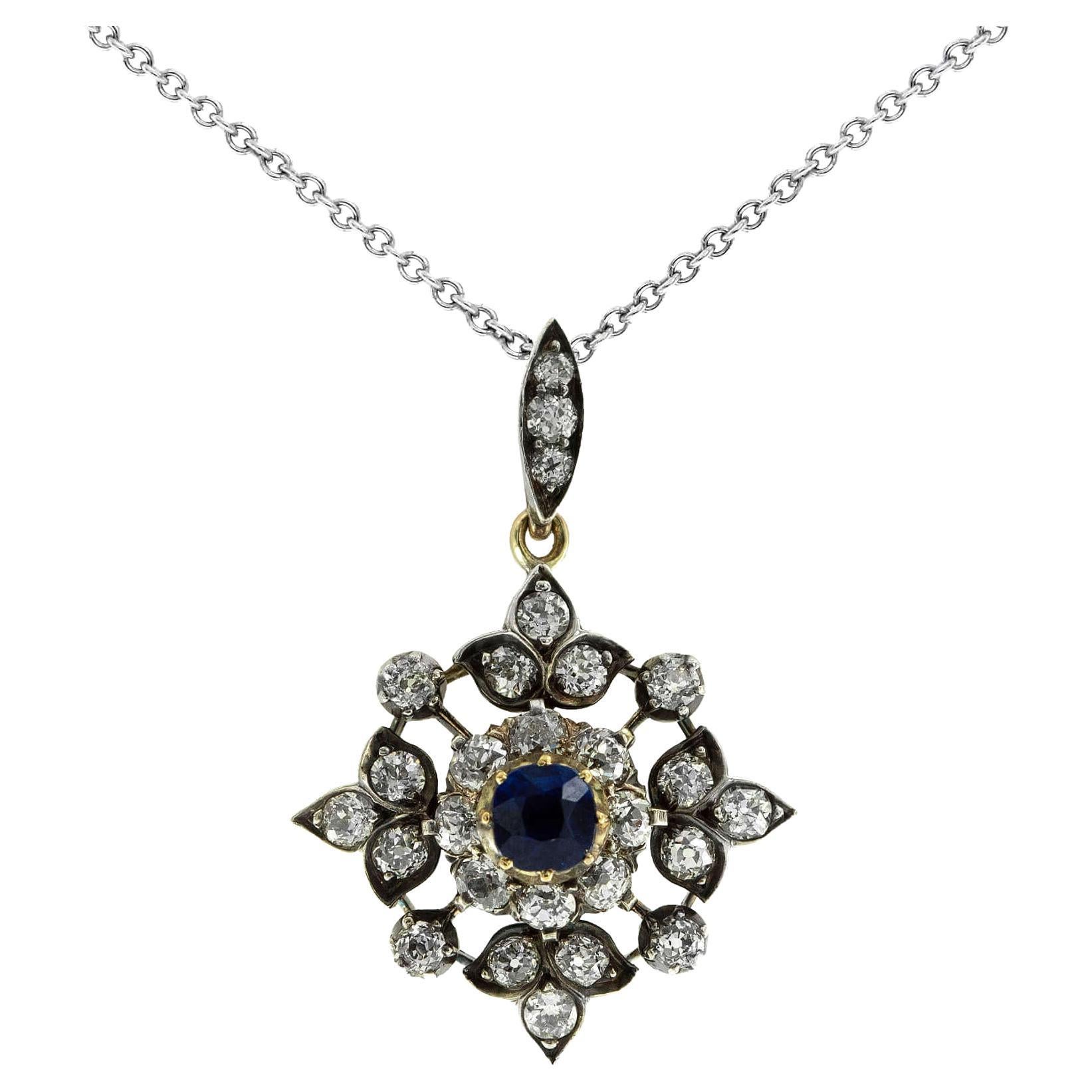 Edwardian Sapphire and Diamond Pendant Circa 1900. 9k Yellow gold and Silver