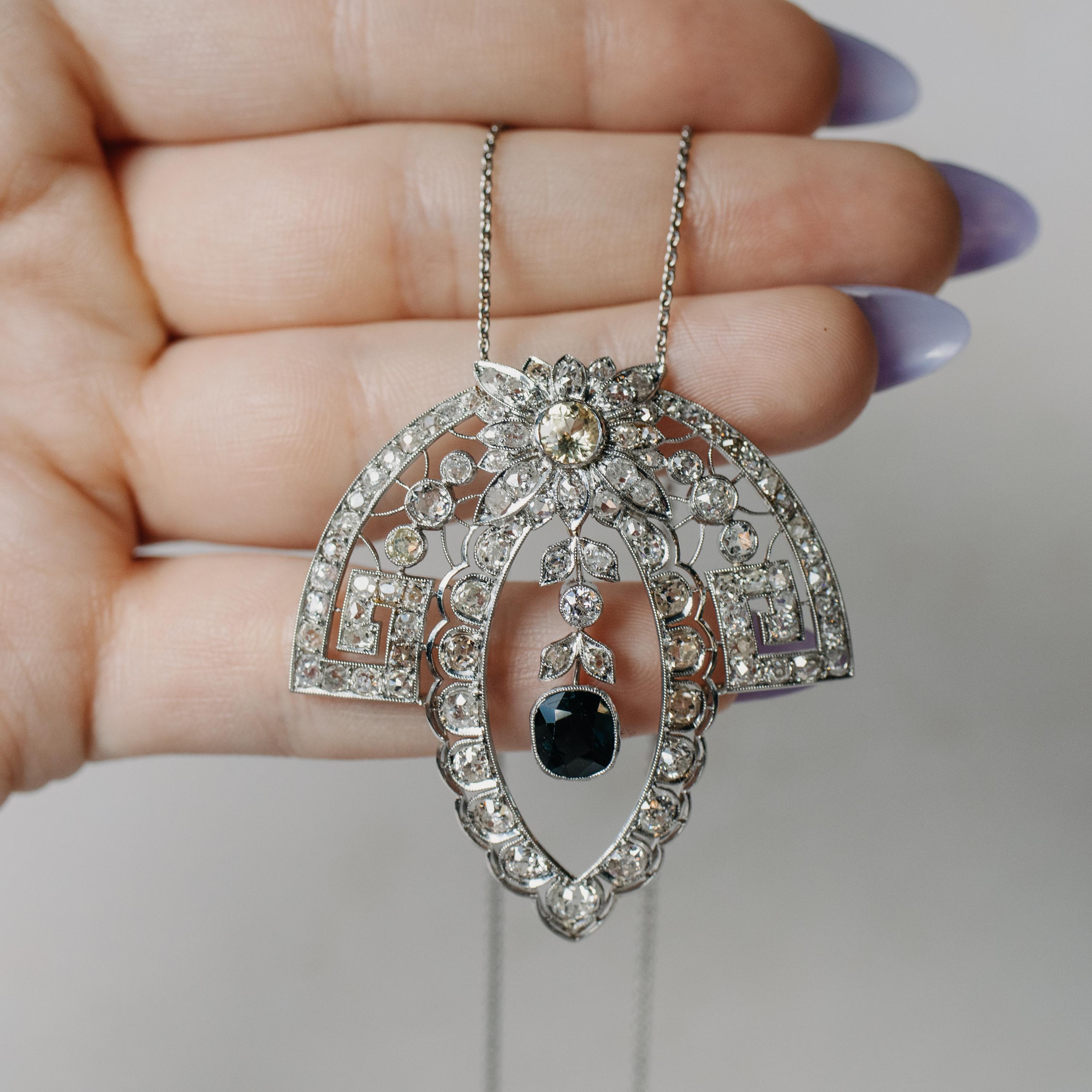 Platin-Halskette mit edwardianischem Saphir und Diamant im Zustand „Gut“ im Angebot in Seattle, WA