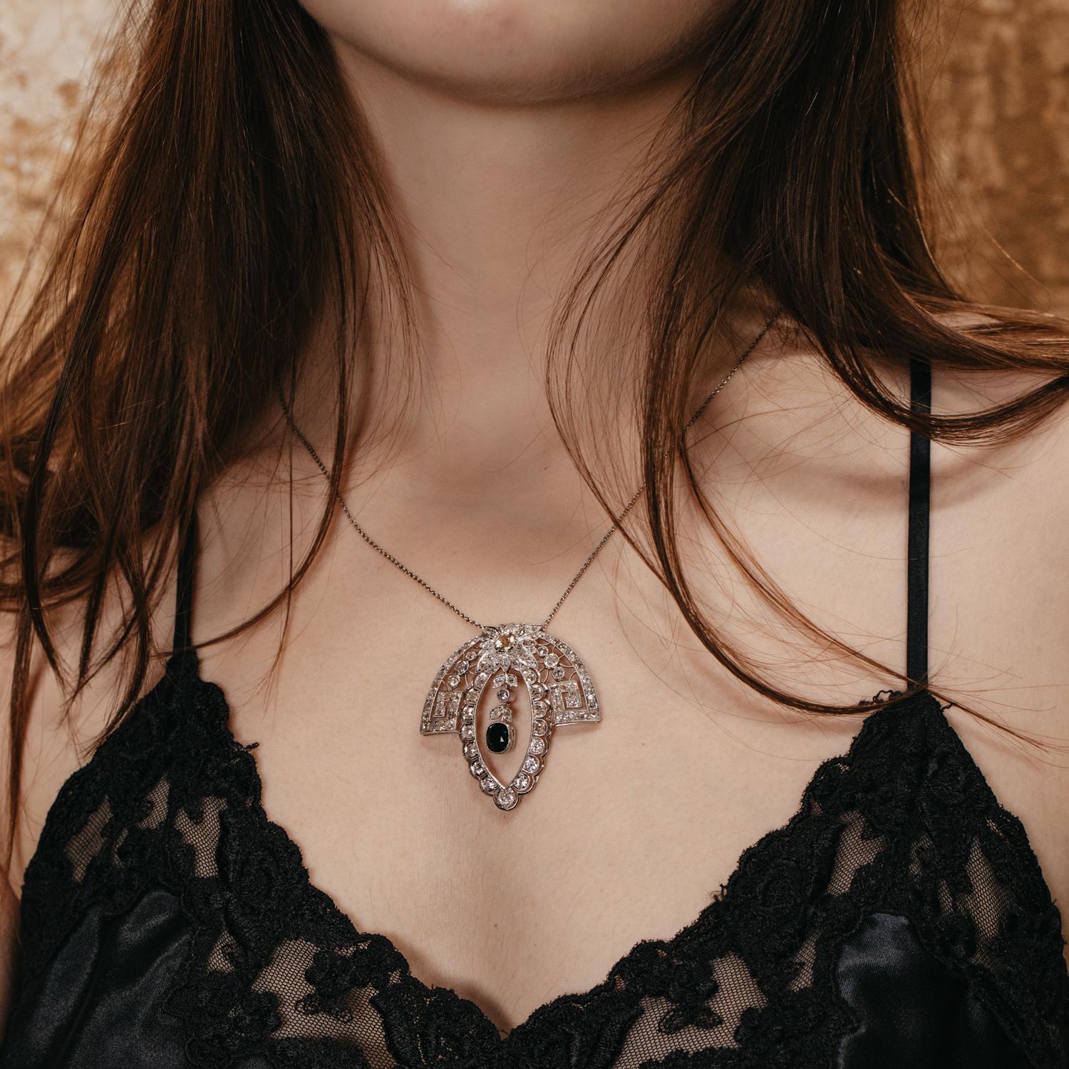 Platin-Halskette mit edwardianischem Saphir und Diamant für Damen oder Herren im Angebot