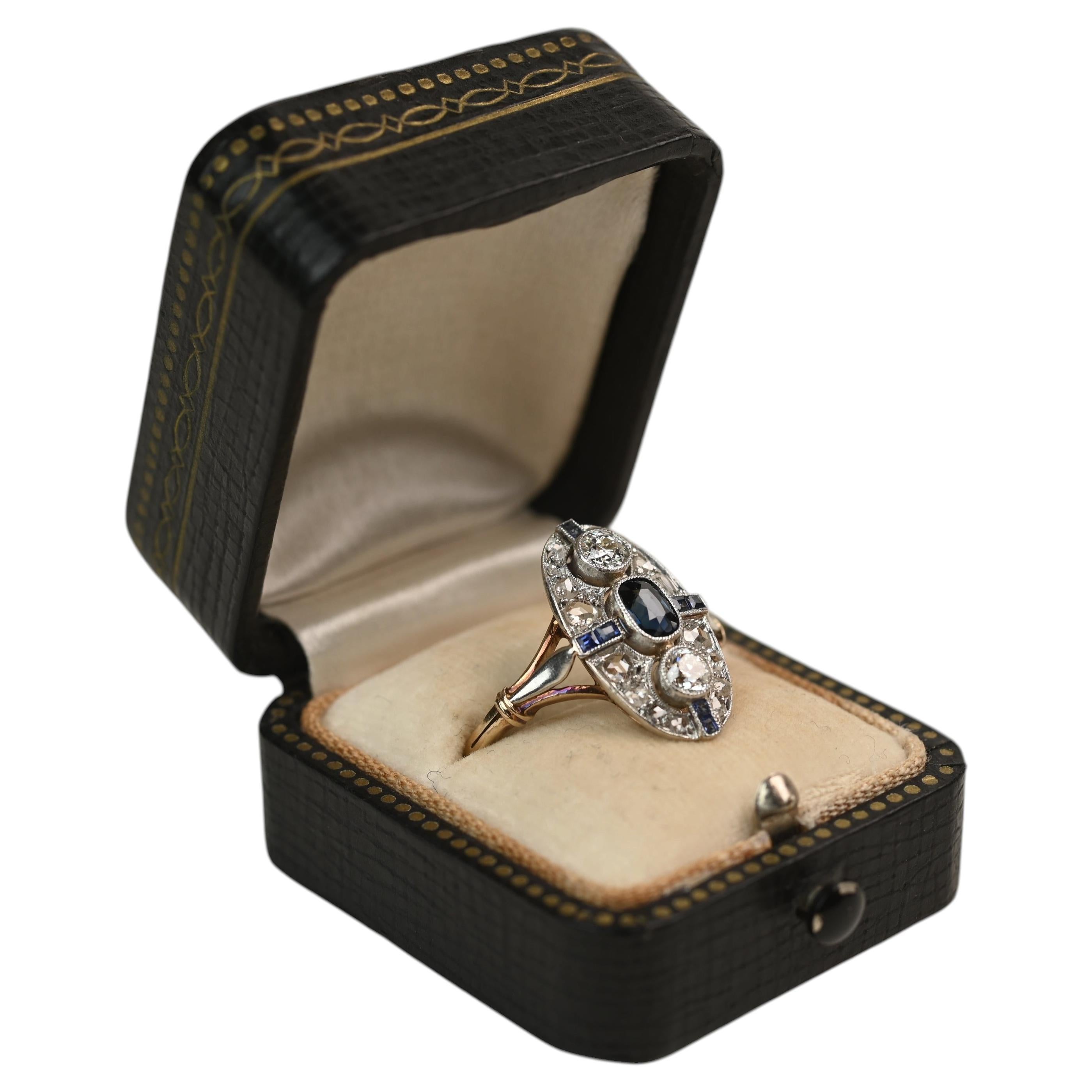 Edwardian Sapphire and Diamond Ring. Elongated Platinum 18K Yellow Gold Ring