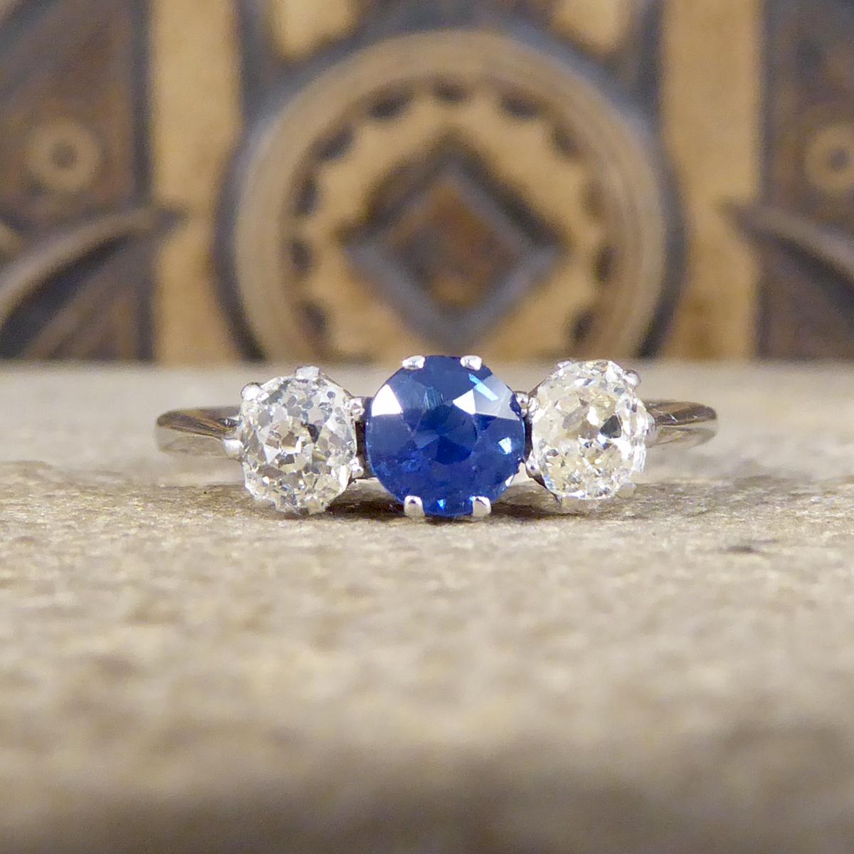 Edwardian Sapphire and Diamond Three-Stone Ring in Platinum 1