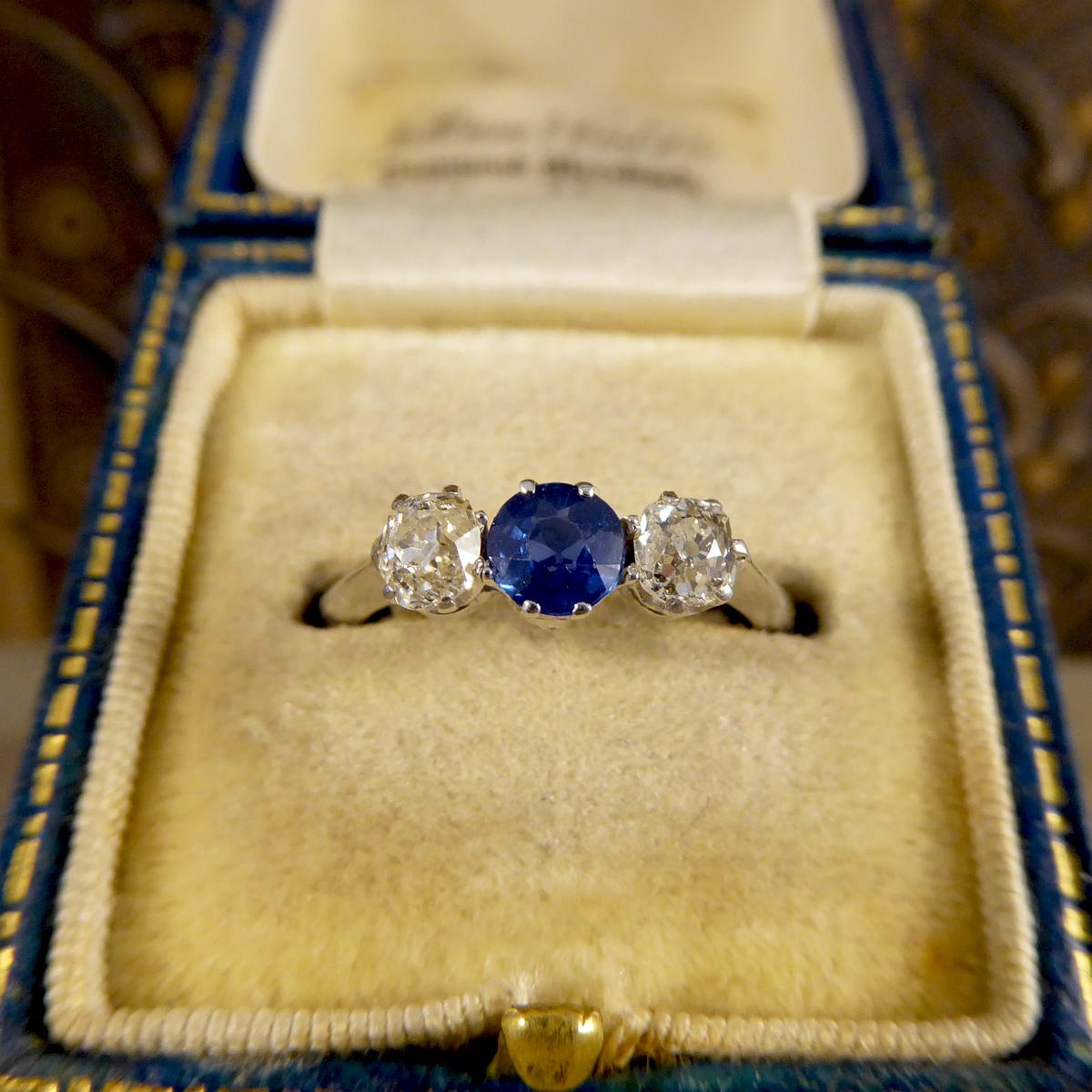 Edwardian Sapphire and Diamond Three-Stone Ring in Platinum 3