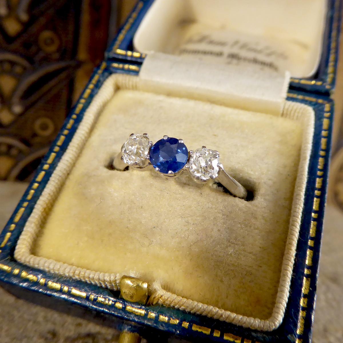 Edwardian Sapphire and Diamond Three-Stone Ring in Platinum 4