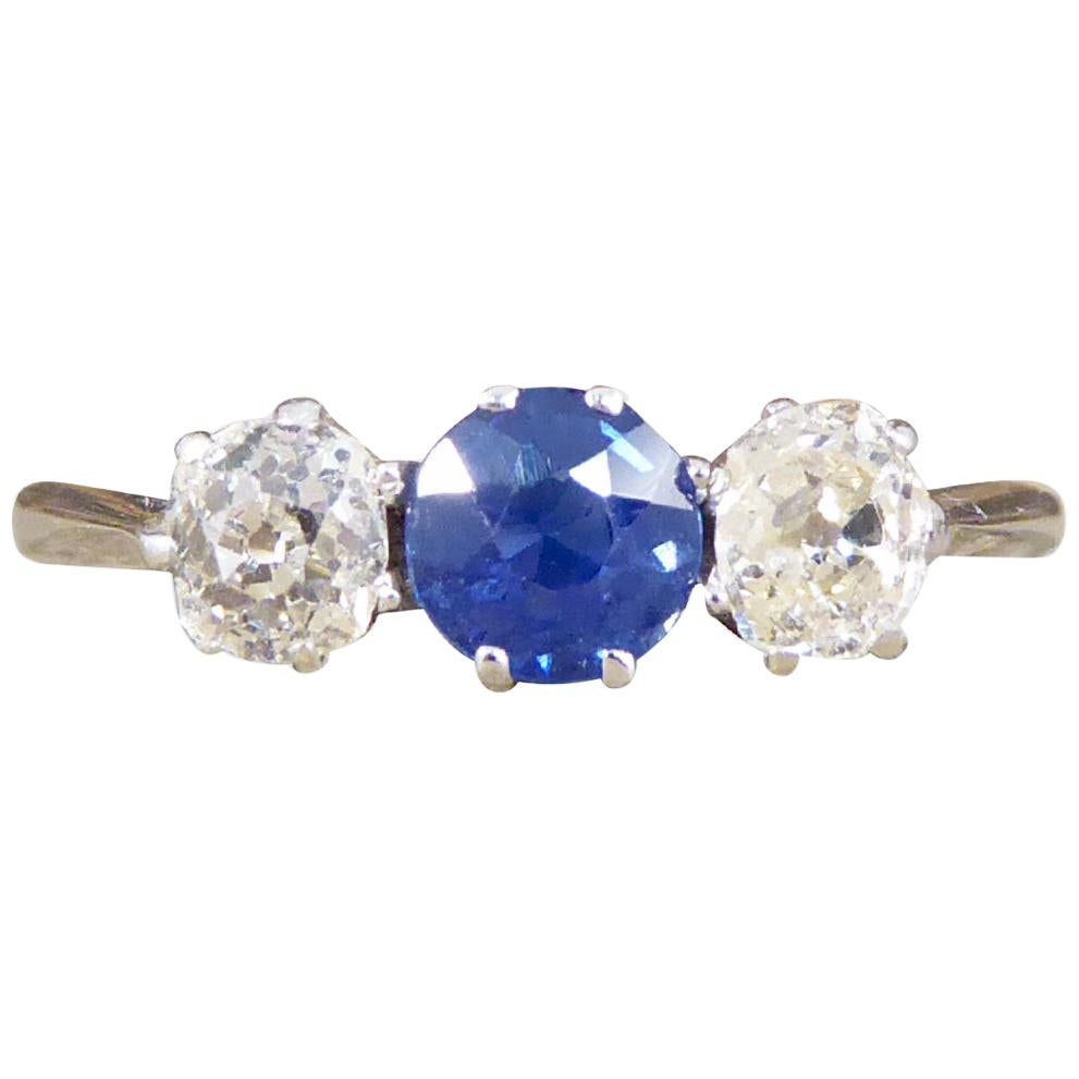Edwardian Sapphire and Diamond Three-Stone Ring in Platinum