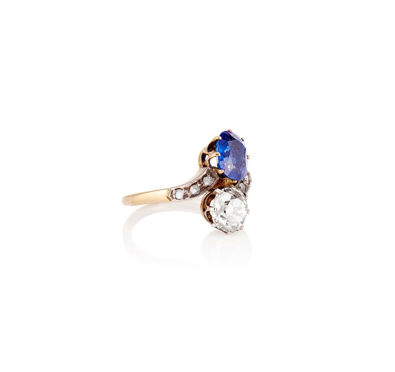 Toi et Moi-Ring mit edwardianischem Saphir und Diamant - AGL (Ovalschliff)