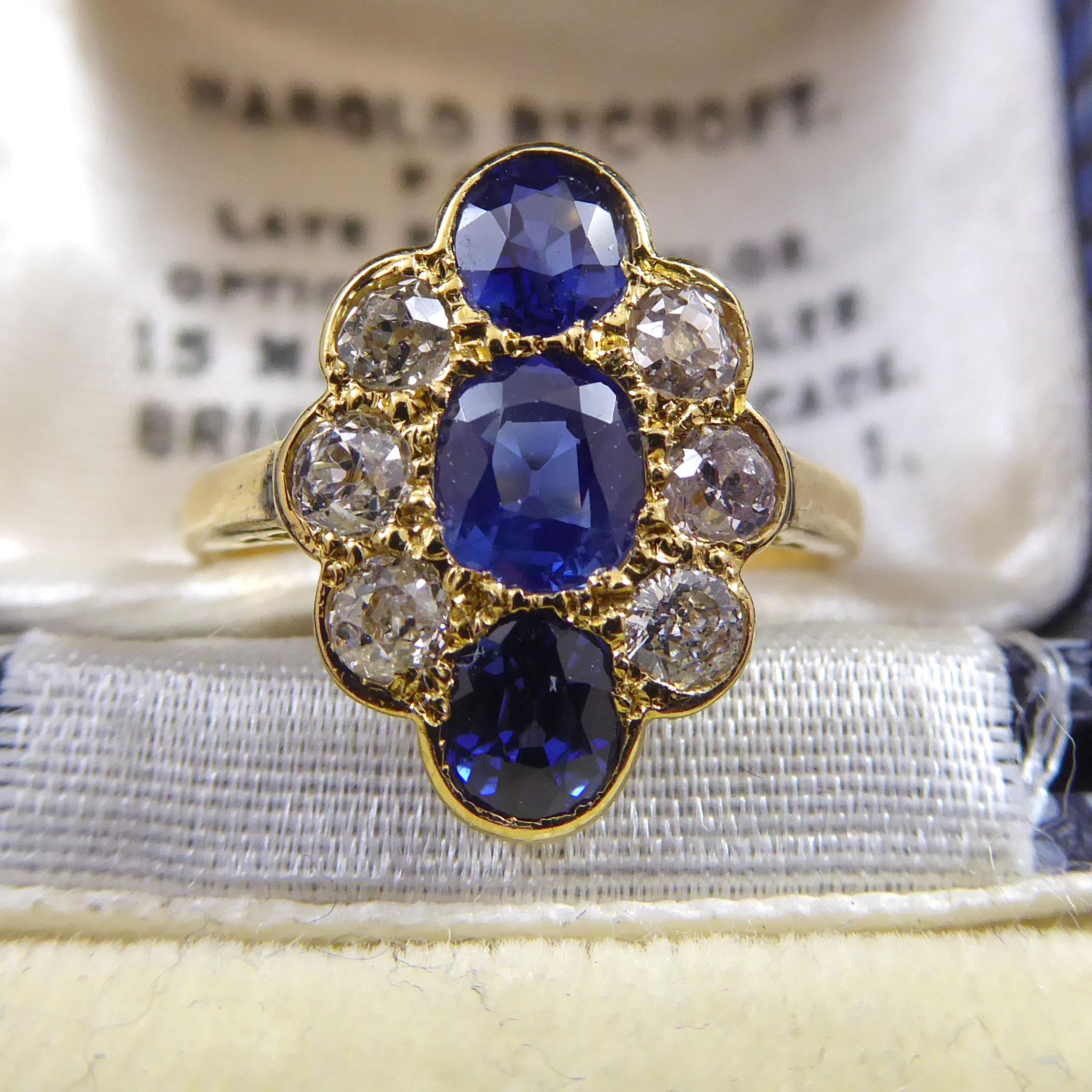 Women's Edwardian Sapphire and Old European Cut Diamond Oval Cluster Ring, Circa 1900s