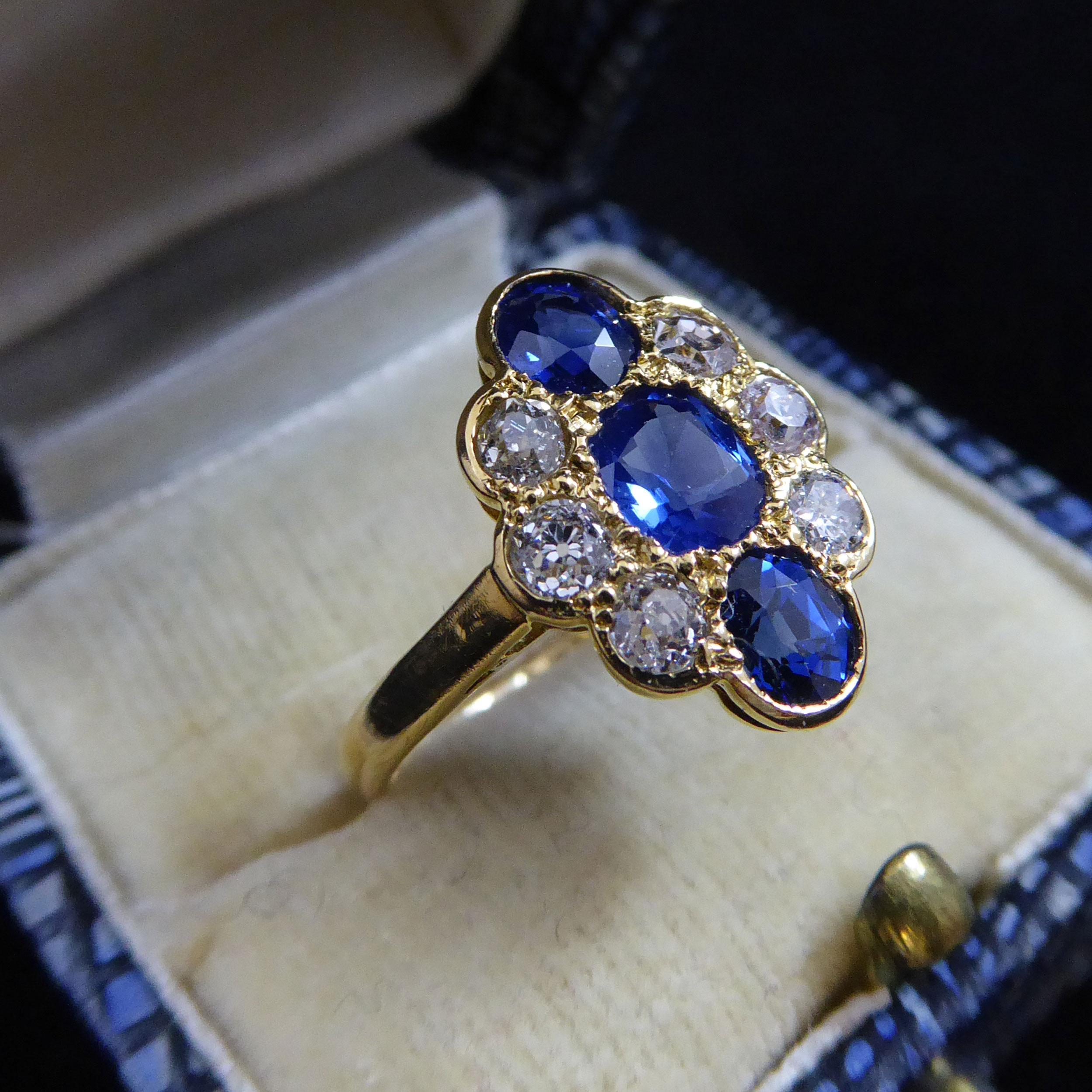 Edwardian Sapphire and Old European Cut Diamond Oval Cluster Ring, Circa 1900s 3