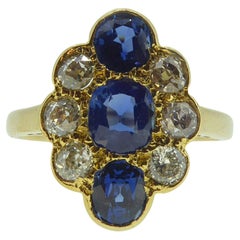 Antique Edwardian Sapphire and Old European Cut Diamond Oval Cluster Ring, Circa 1900s