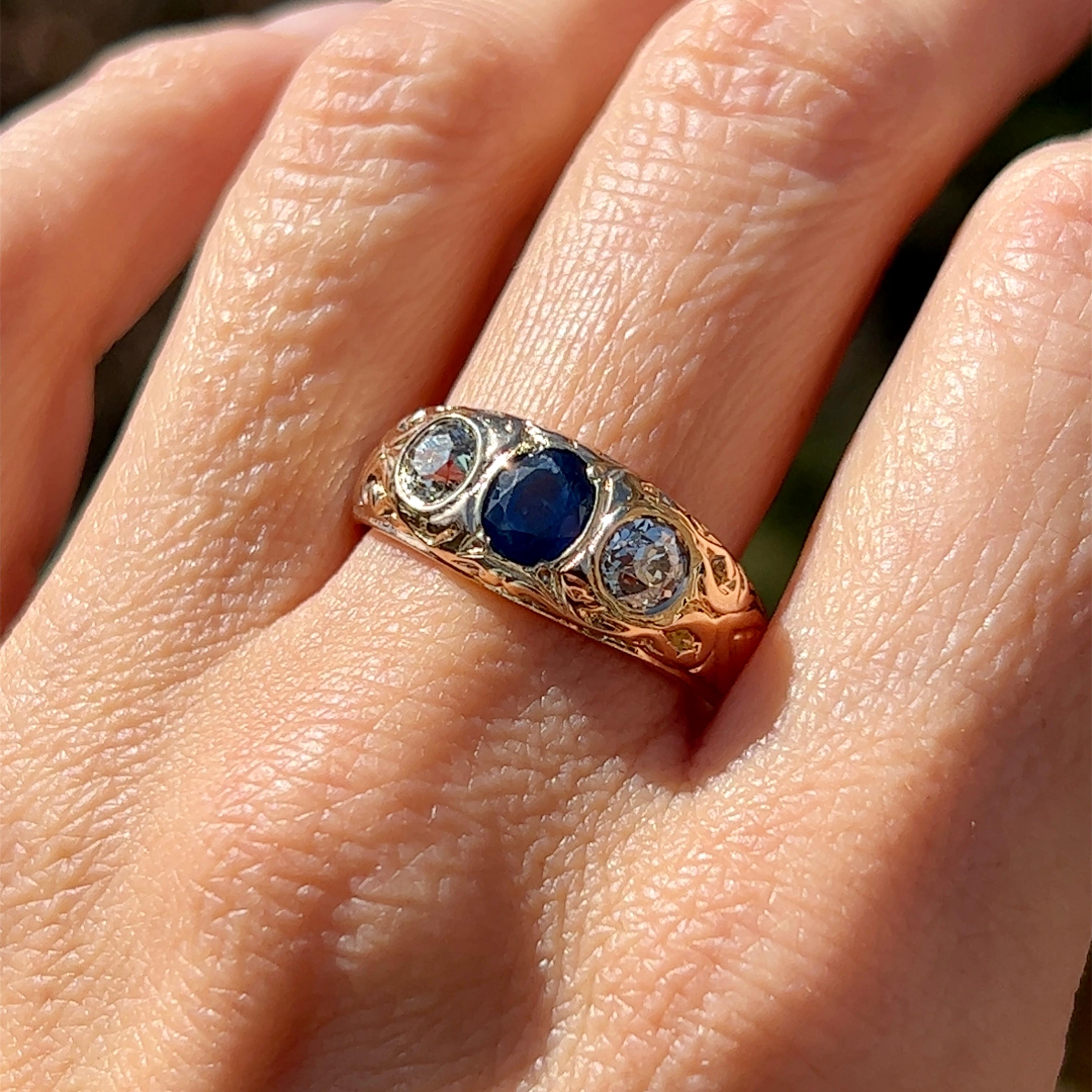 Edwardian Sapphire and Old Mine Cut Diamond Ring in 14k Gold For Sale 5