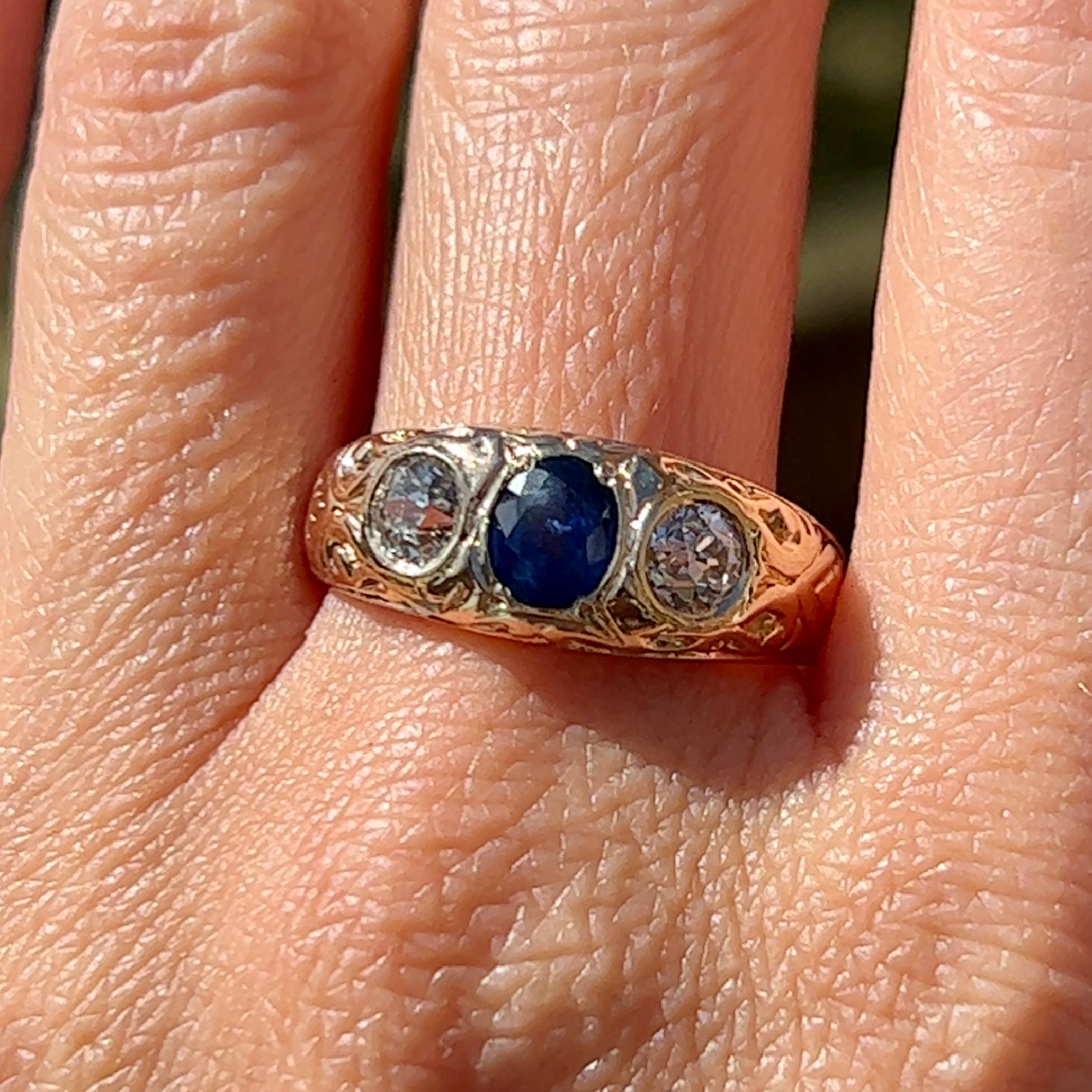 Edwardian Sapphire and Old Mine Cut Diamond Ring in 14k Gold For Sale 6