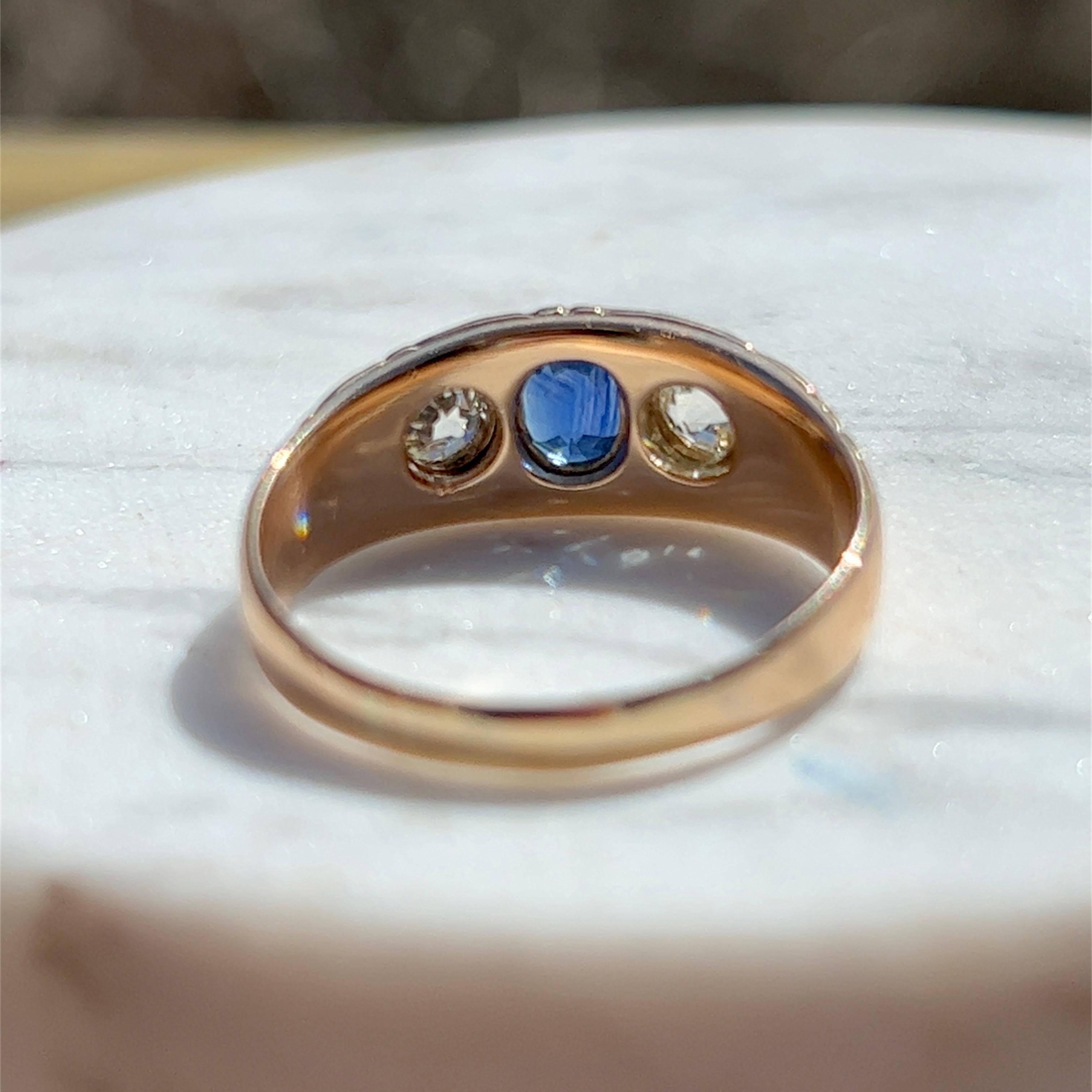 Edwardian Sapphire and Old Mine Cut Diamond Ring in 14k Gold For Sale 4