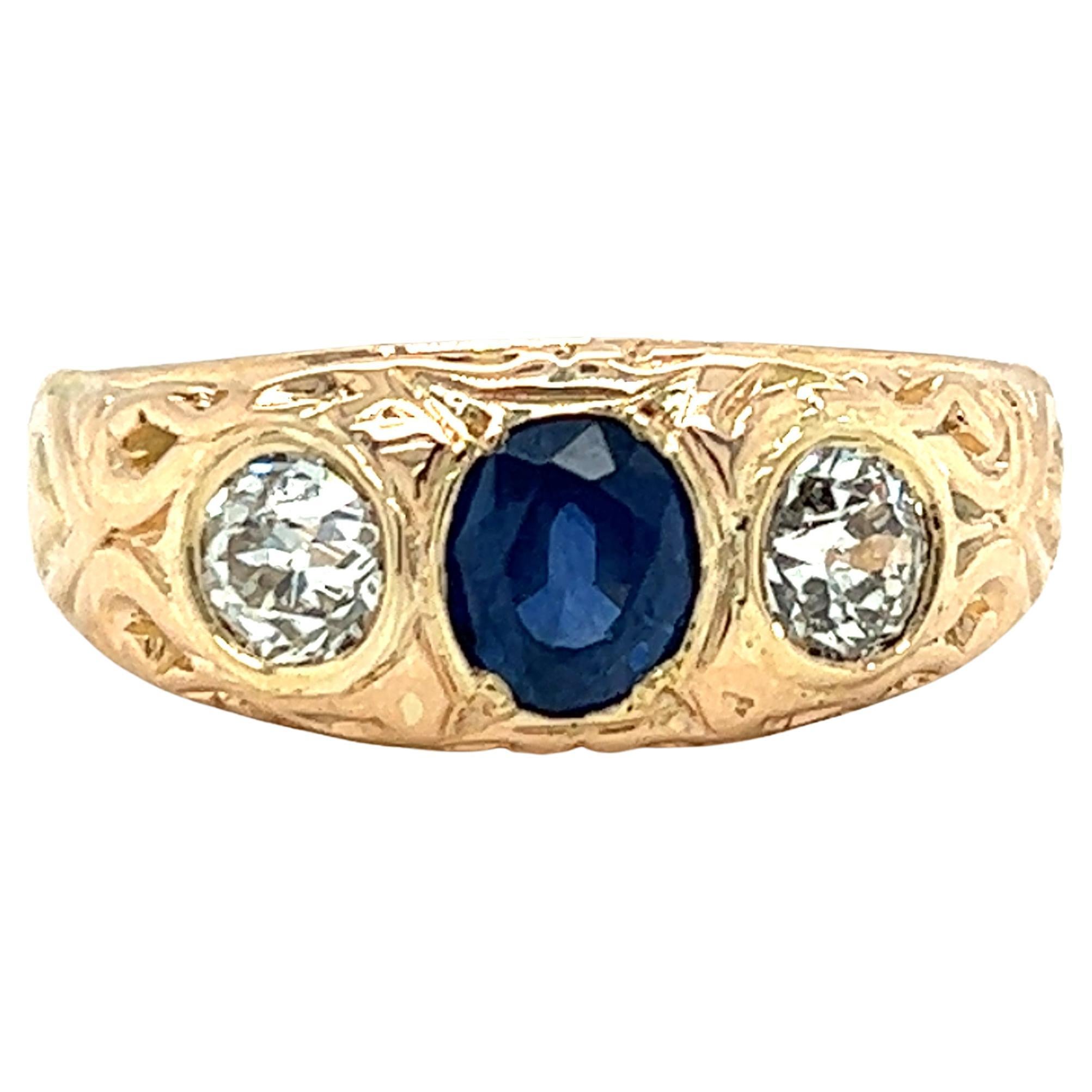 Edwardian Sapphire and Old Mine Cut Diamond Ring in 14k Gold For Sale