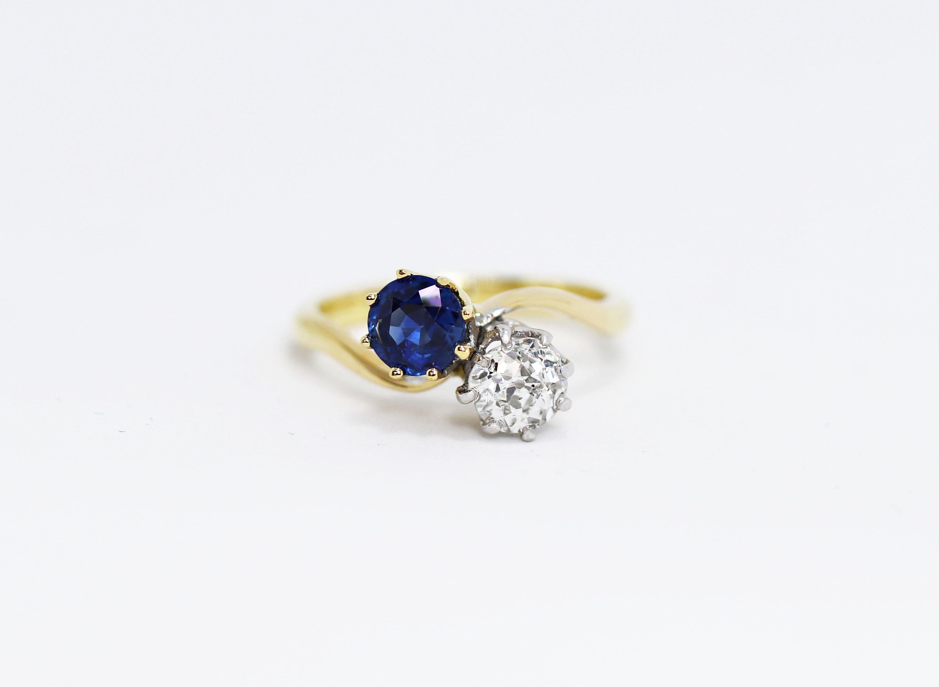 Women's Edwardian Sapphire and Old Mine Cut Diamond Two-Stone Twist Engagement Ring