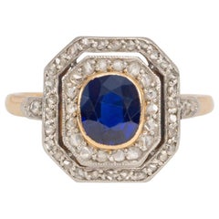 Edwardian Sapphire and Rose Diamond Octagonal Cluster Ring in Platinum and Gold