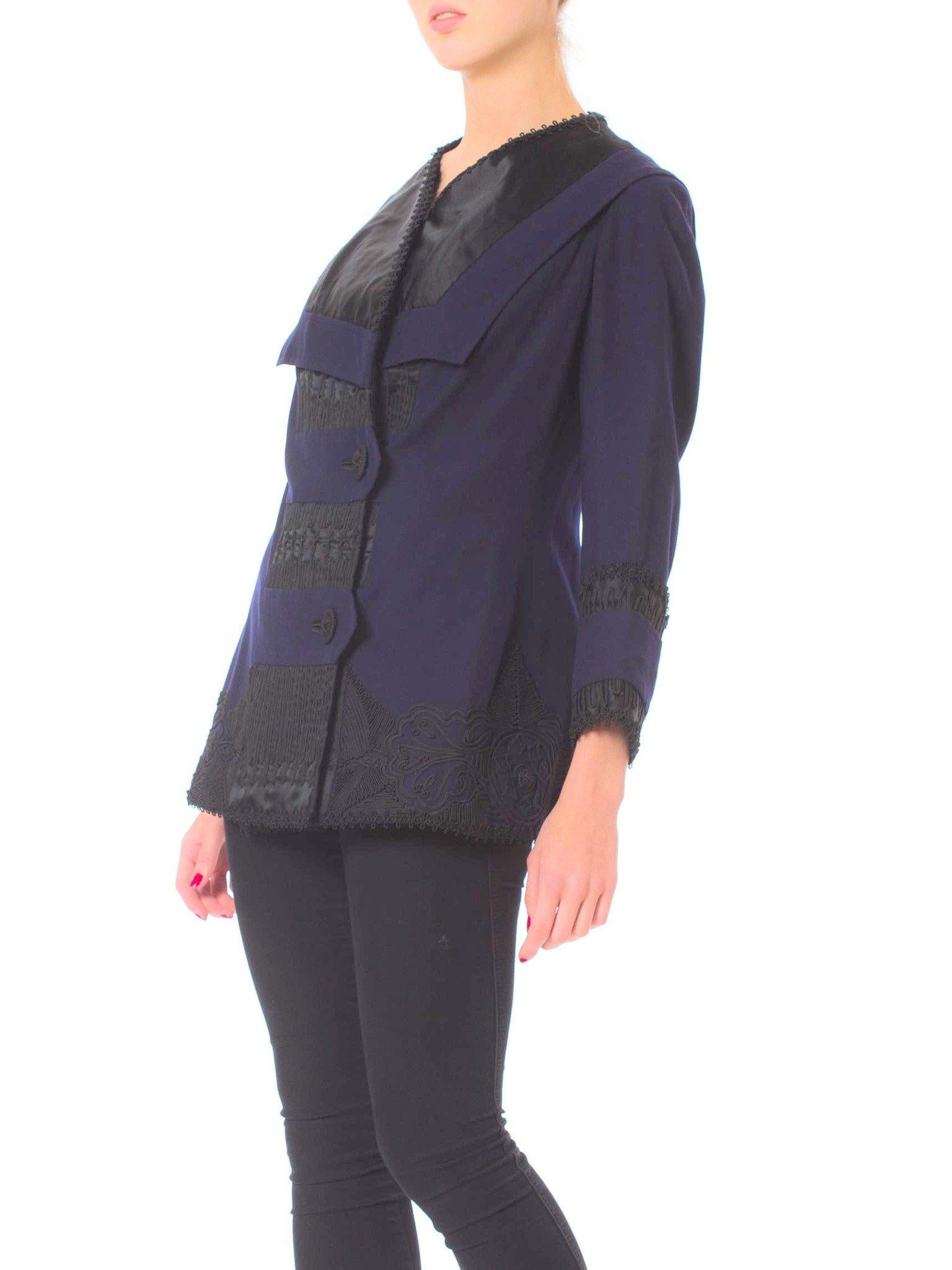 Edwardian Sapphire Blue  & Black Wool Silk Passementerie Embroidered Jacket With New Lining