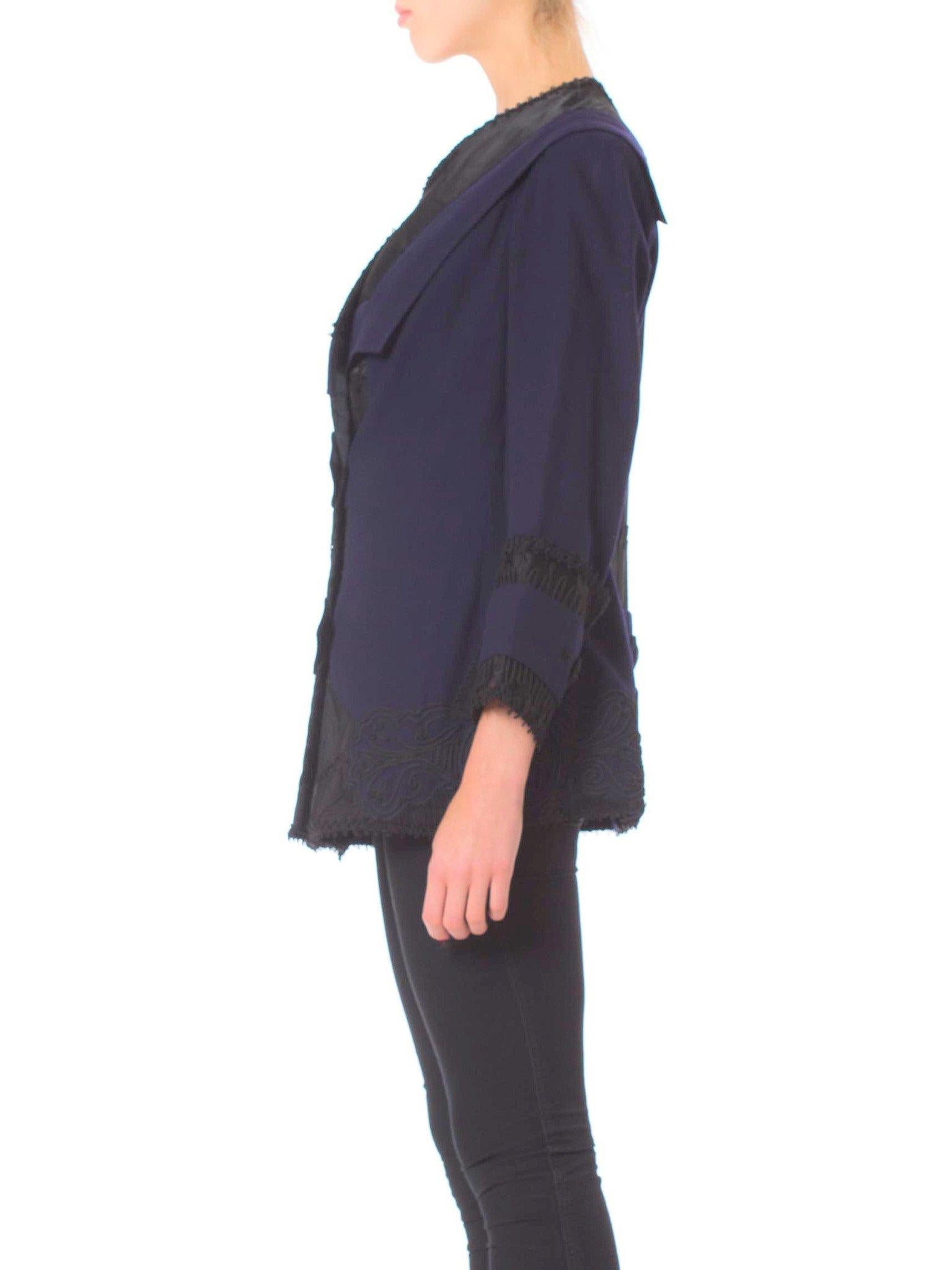 Edwardian Sapphire Blue  & Black Wool Silk Passementerie Embroidered Jacket Wit In Good Condition For Sale In New York, NY
