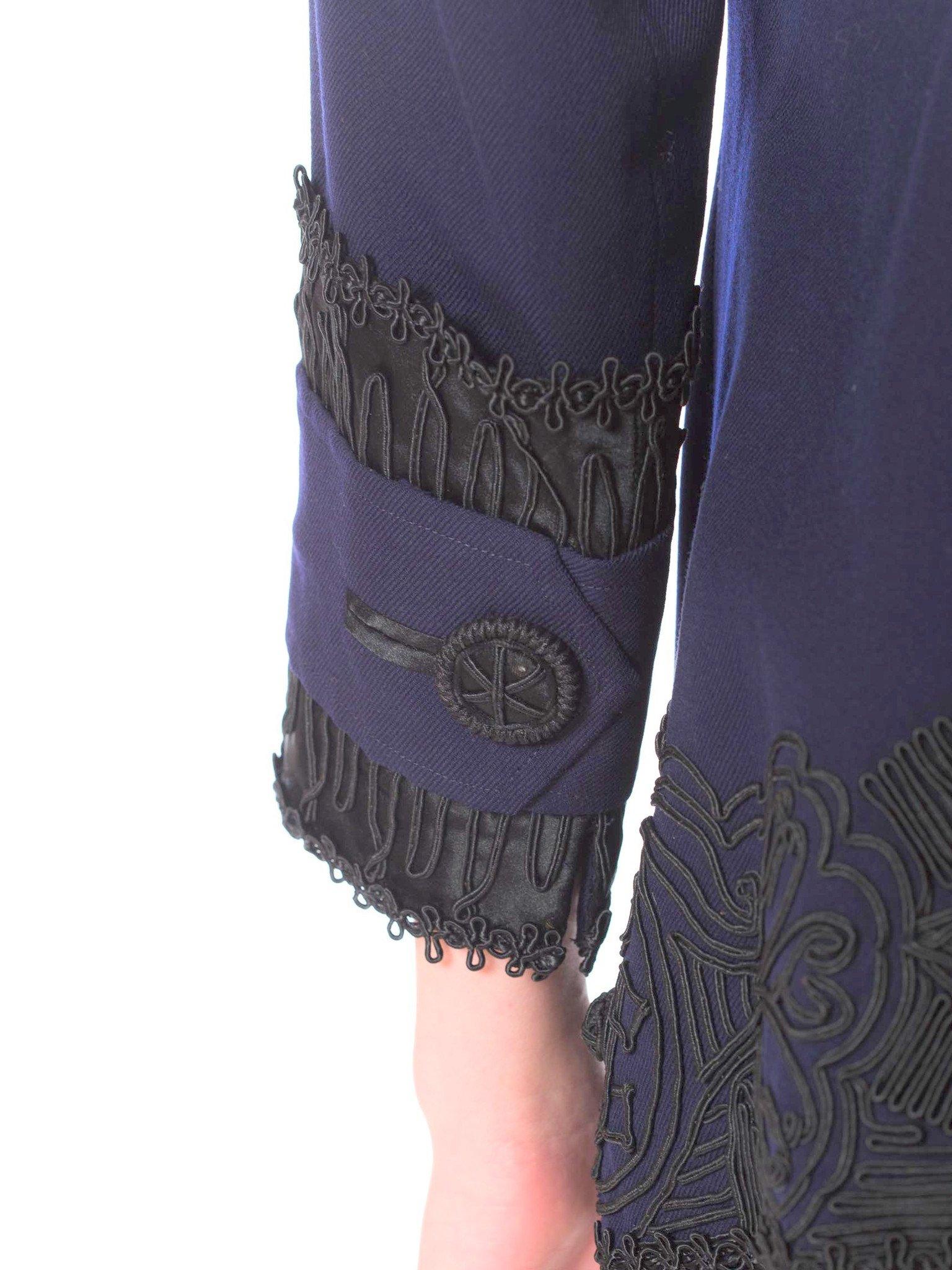 Women's Edwardian Sapphire Blue  & Black Wool Silk Passementerie Embroidered Jacket Wit For Sale