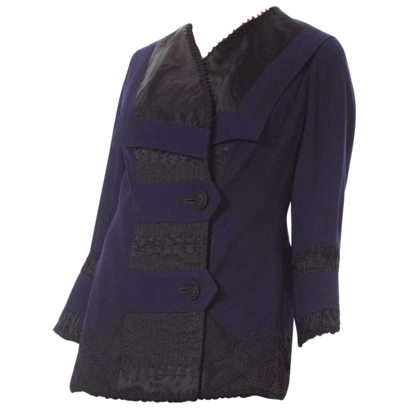 Edwardian Sapphire Blue  & Black Wool Silk Passementerie Embroidered Jacket Wit