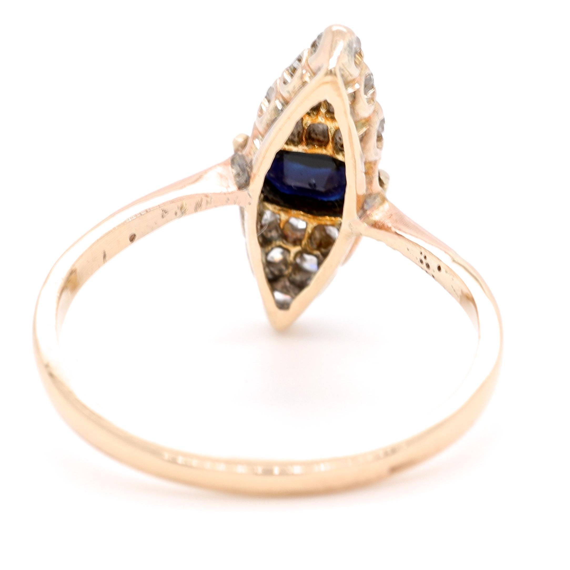 Edwardian Sapphire Diamond 14 Karat Gold Cluster Navette Ring In Excellent Condition In Beverly Hills, CA