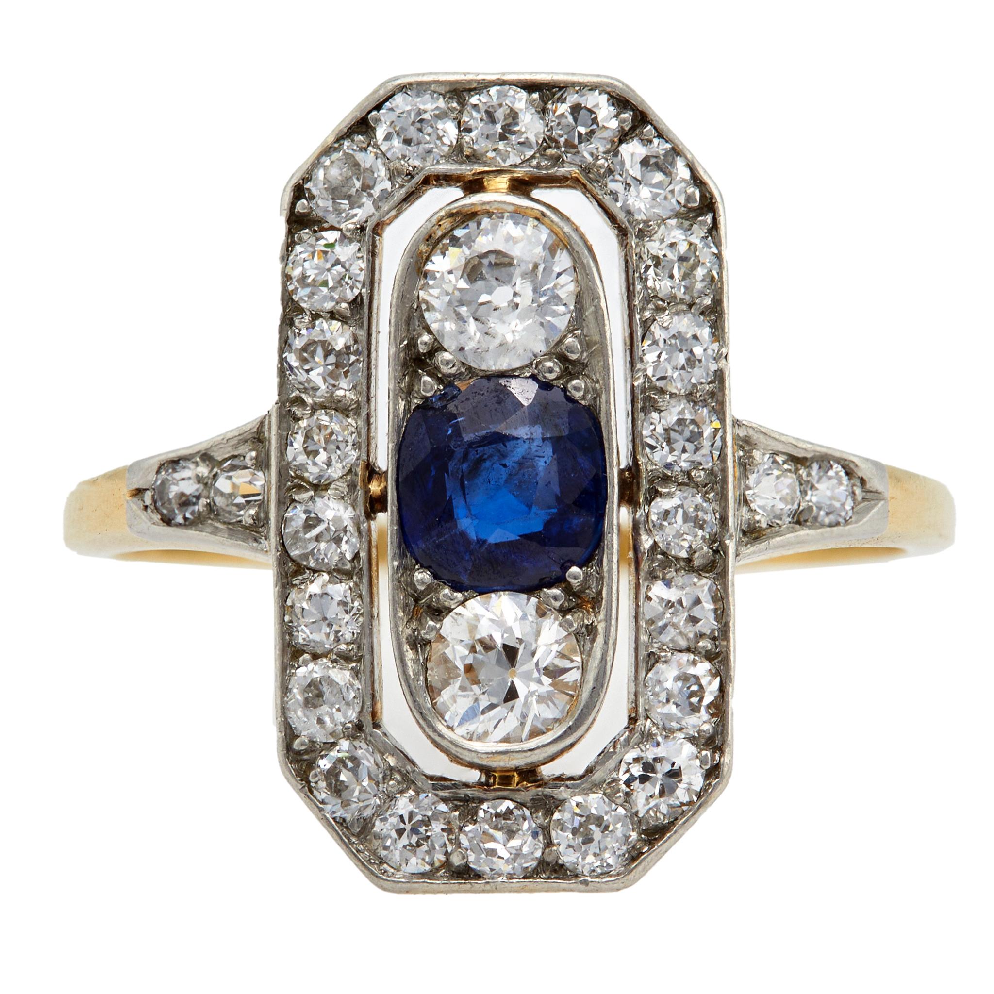 Women's or Men's Edwardian Sapphire Diamond 14k Gold Platinum Ring