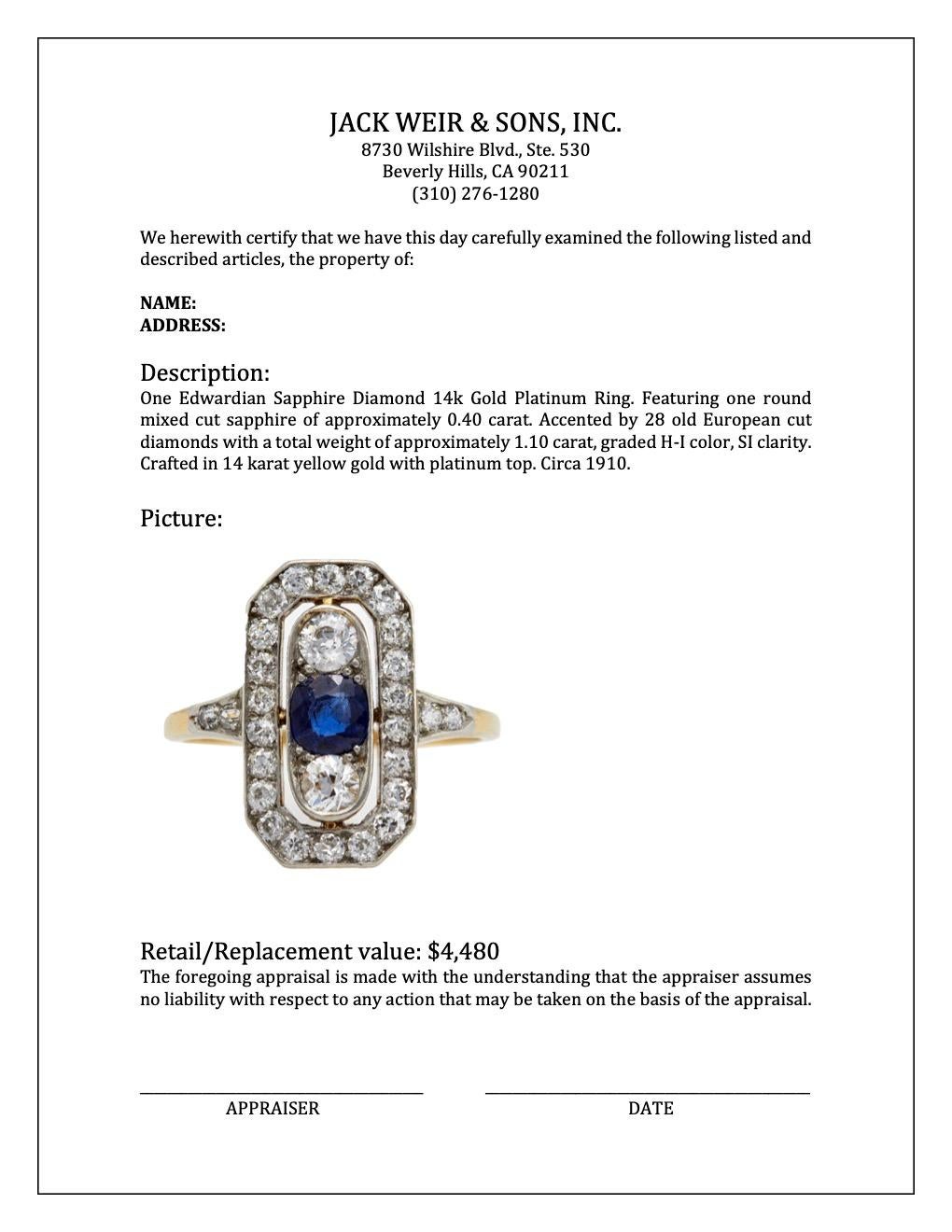 Edwardian Sapphire Diamond 14k Gold Platinum Ring 1