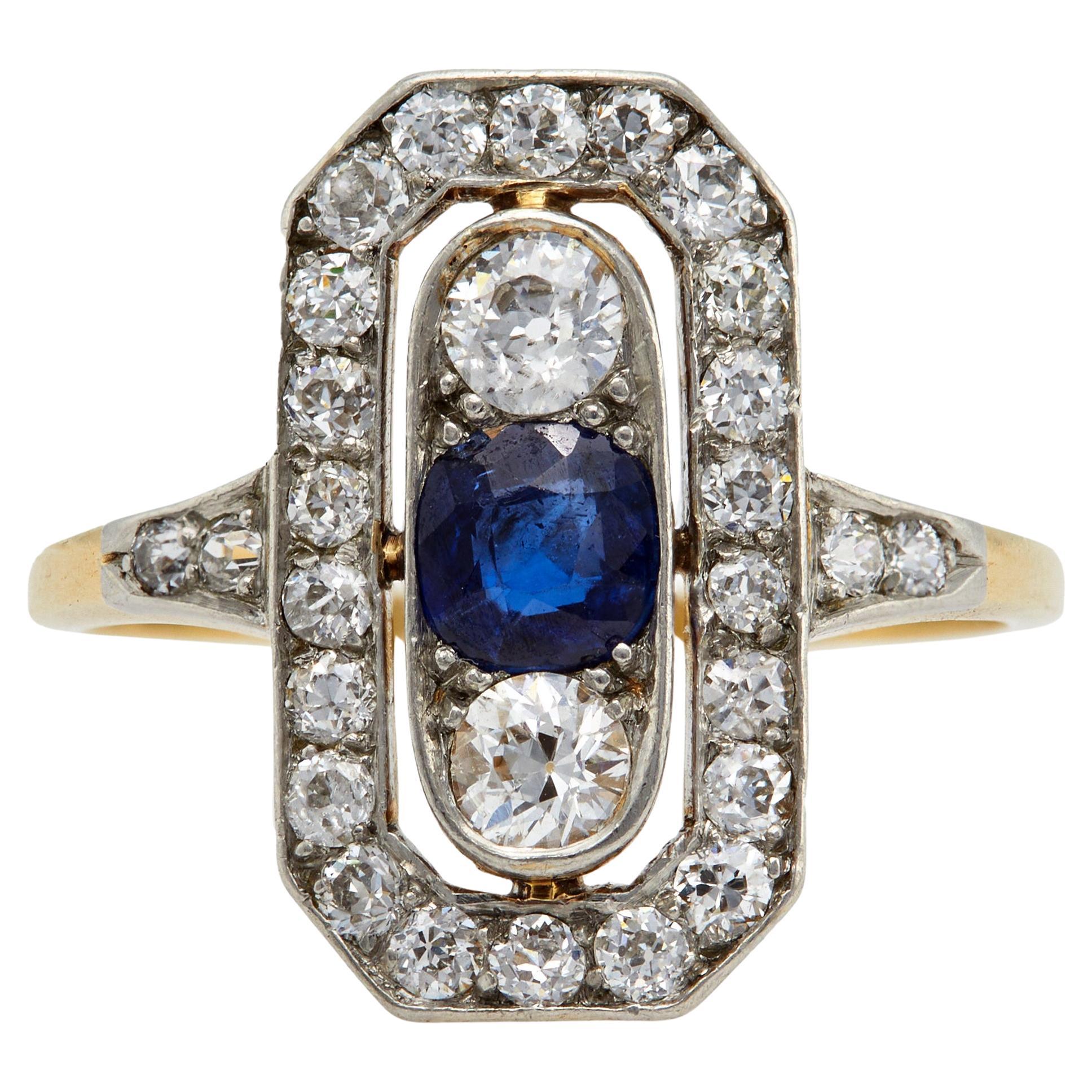 Edwardian Sapphire Diamond 14k Gold Platinum Ring