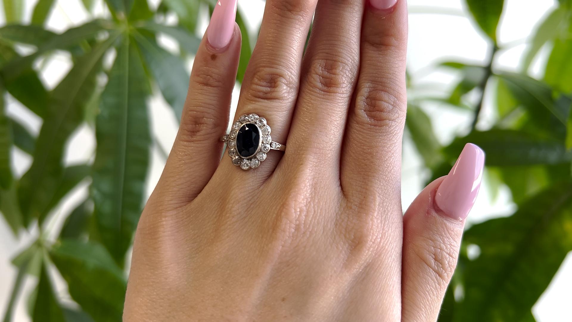 14k Weißgold-Cluster-Ring mit edwardianischem Saphir und Diamant (Edwardian)