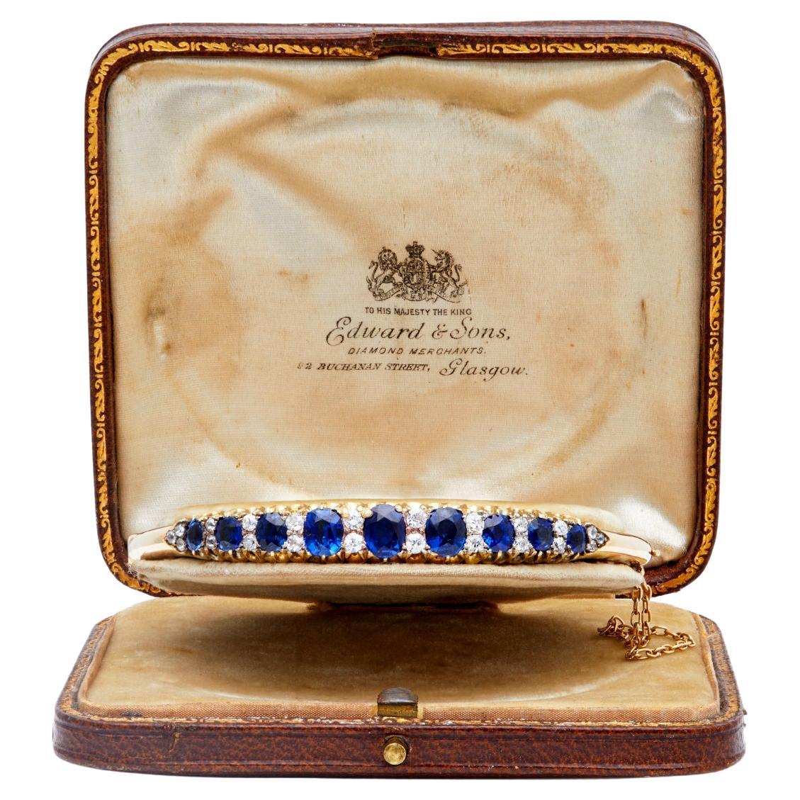 Edwardian Sapphire Diamond 14k Yellow Gold Hinged Cuff Bracelet