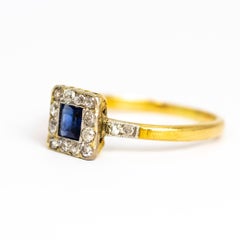 Edwardian Sapphire and Diamond 18 Karat Gold and Platinum Square Cluster Ring