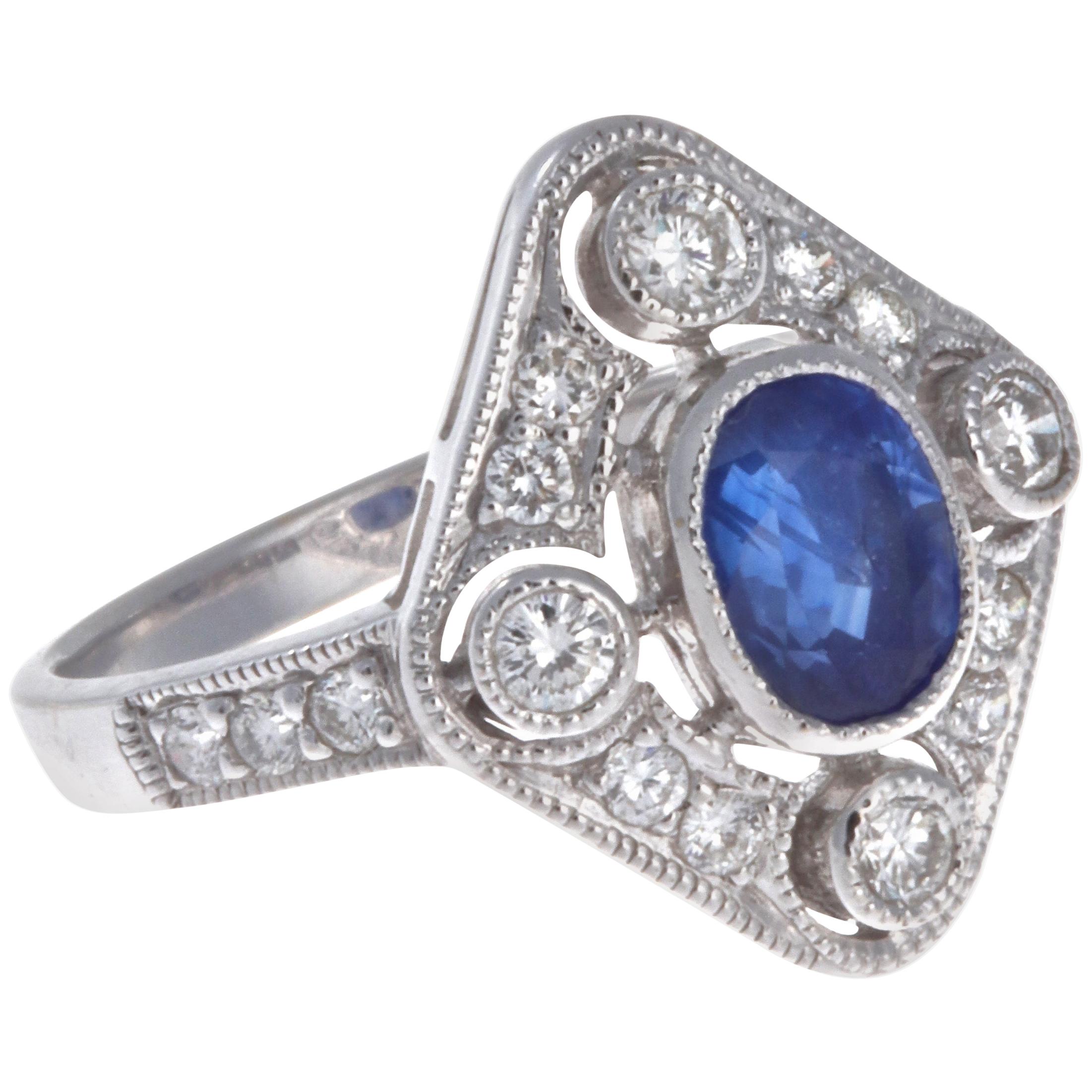 Edwardian Sapphire Diamond 18 Karat White Gold Ring