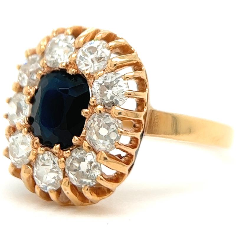 Women's or Men's Edwardian Sapphire Diamond 18 Karat Yellow Gold Cluster Ring