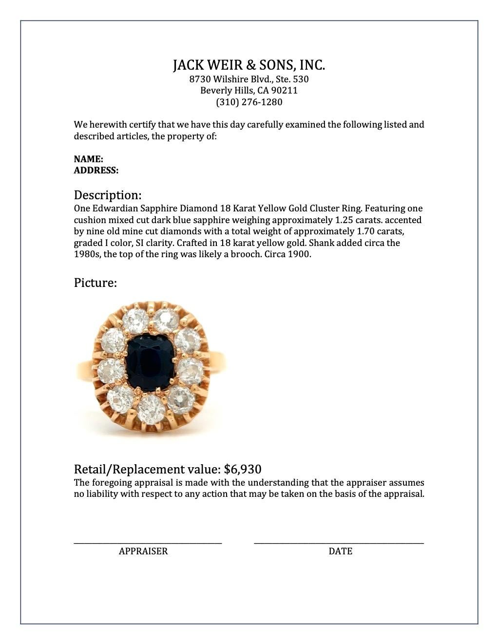 Edwardian Sapphire Diamond 18 Karat Yellow Gold Cluster Ring 2