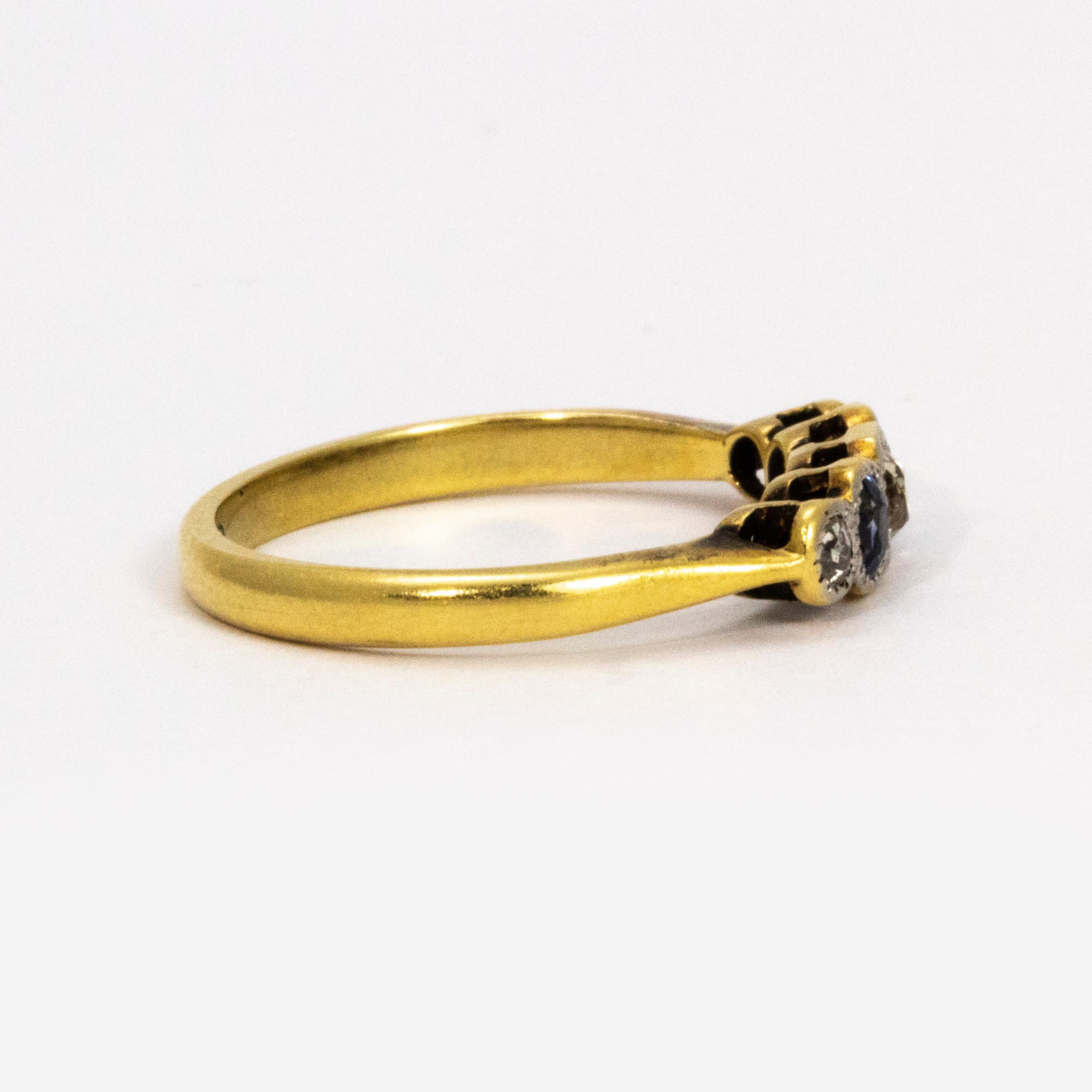 Edwardian Sapphire Diamond 18 Carat Gold and Platinum Ring 1