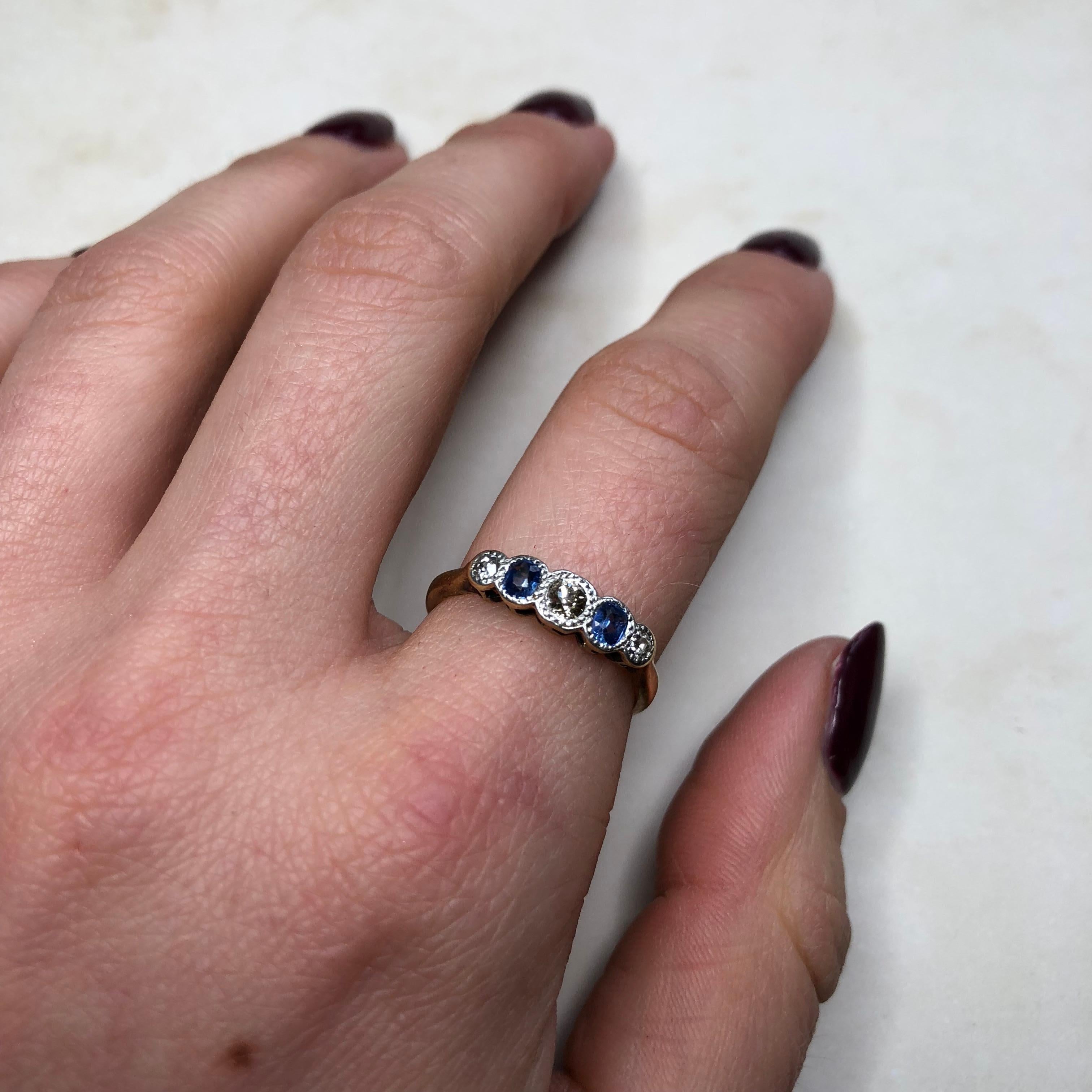 Edwardian Sapphire Diamond 18 Carat Gold and Platinum Ring 3
