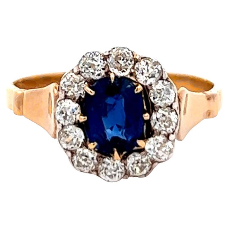 Edwardian Sapphire Diamond 18k Rose Gold Cluster Ring