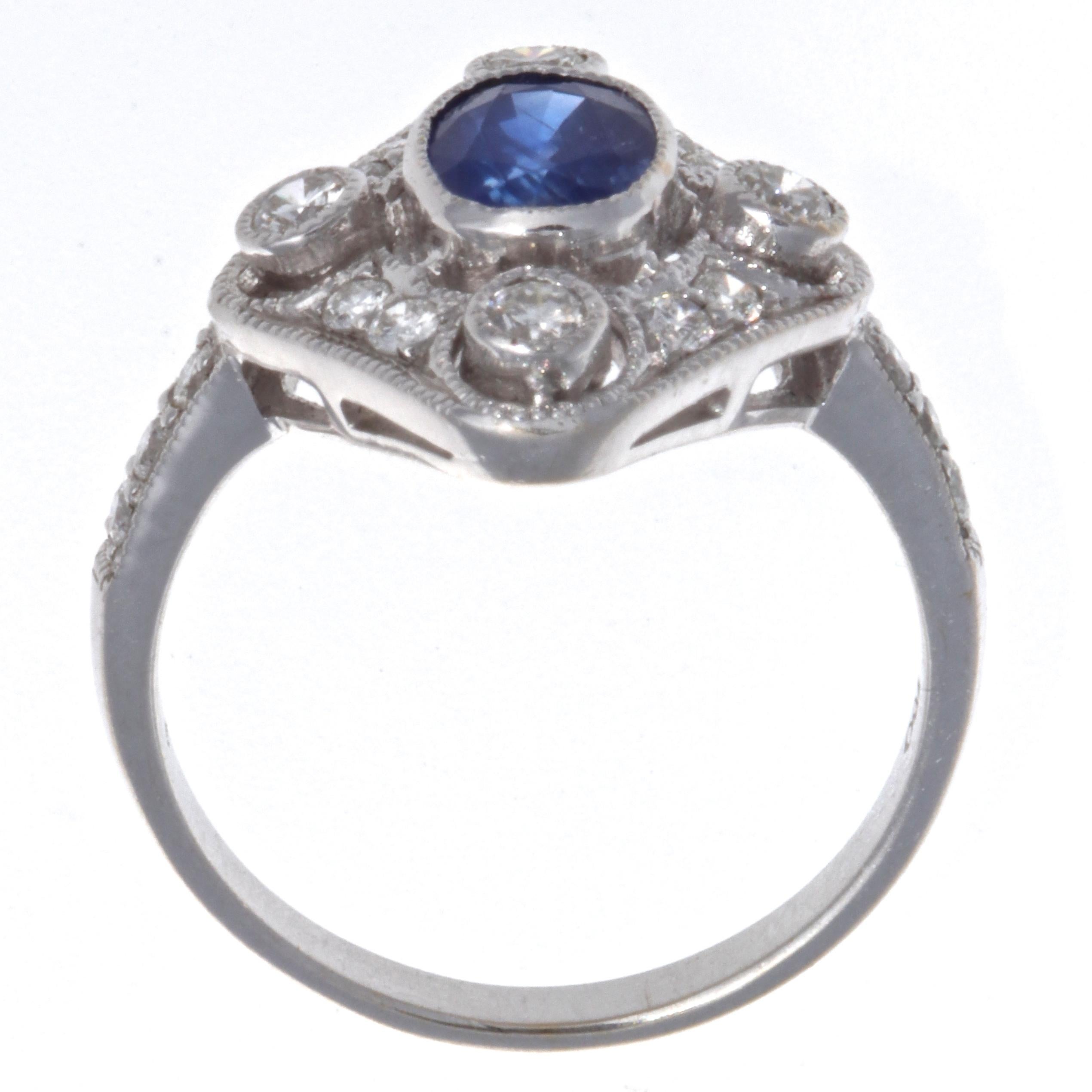 Oval Cut Edwardian Sapphire Diamond 18 Karat White Gold Ring