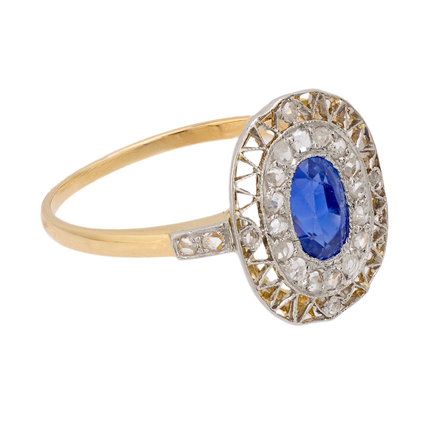 Women's Edwardian sapphire diamond 18k yellow gold and platinum ring For Sale