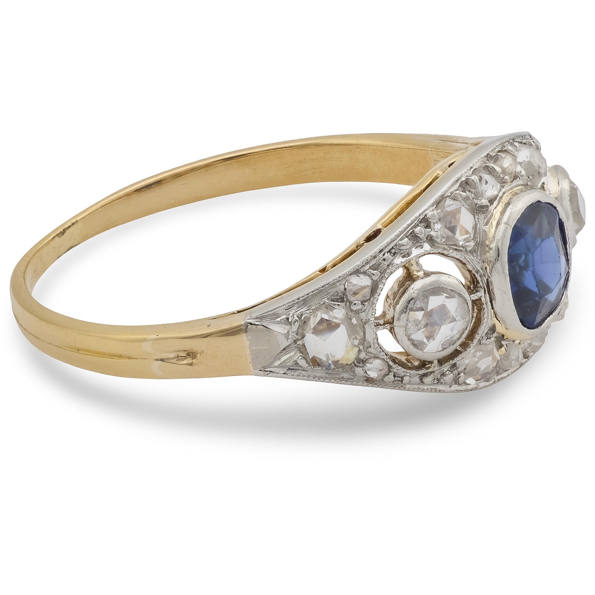 Women's Edwardian sapphire diamond 18k yellow gold and platinum ring For Sale