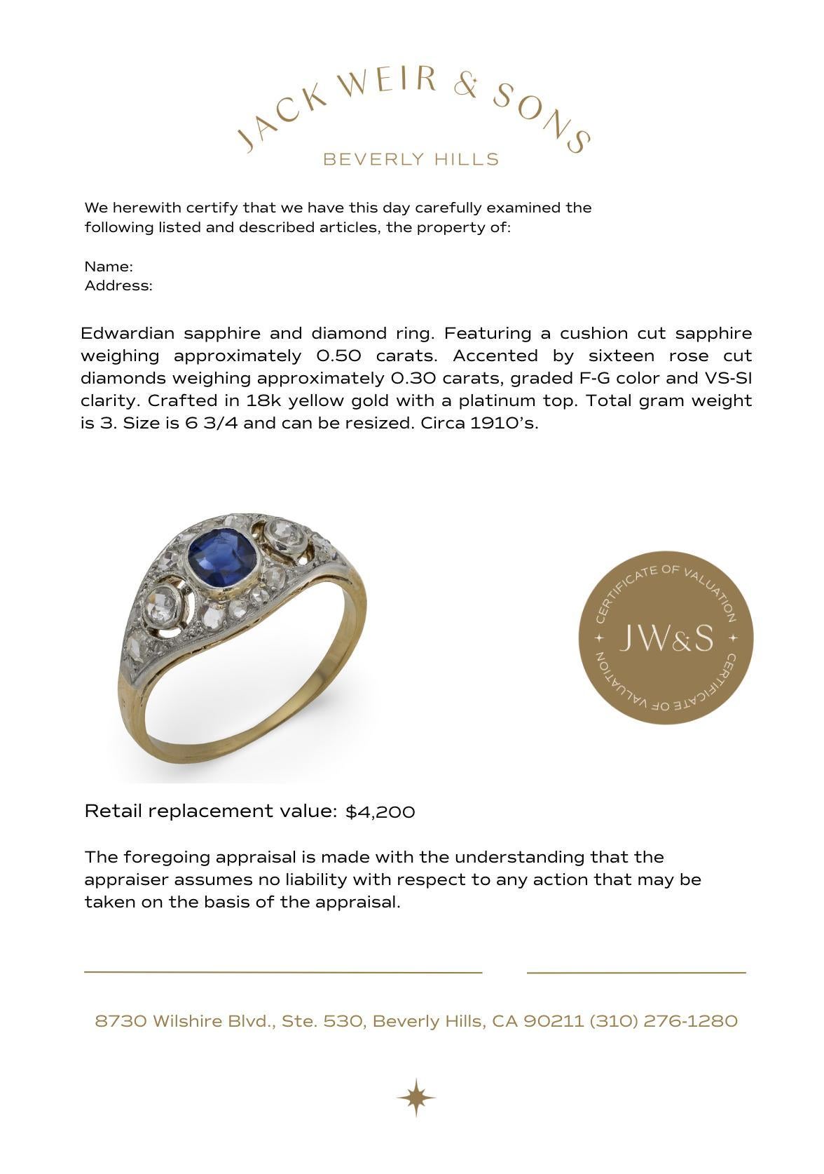 Edwardian sapphire diamond 18k yellow gold and platinum ring For Sale 3
