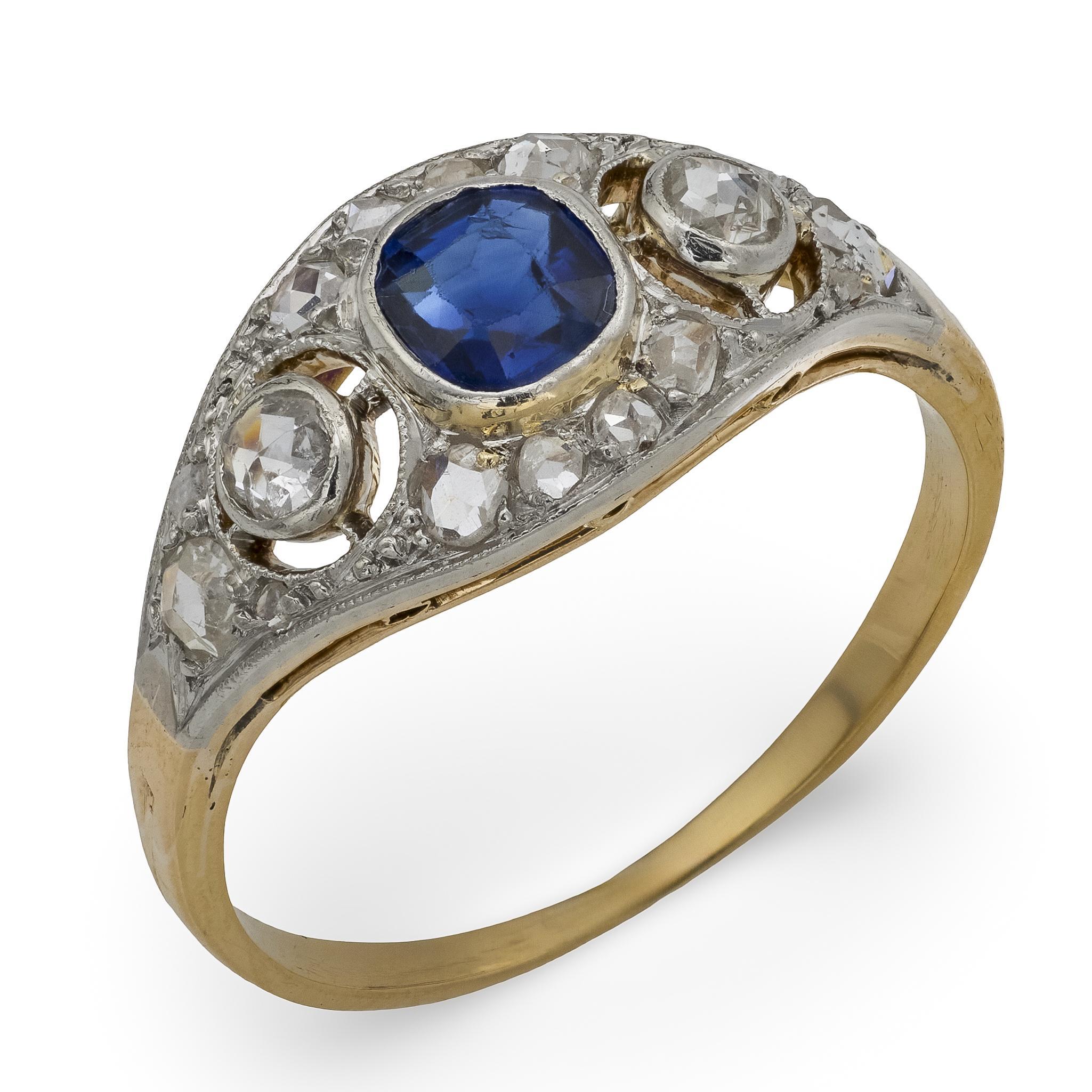 Edwardian sapphire diamond 18k yellow gold and platinum ring For Sale