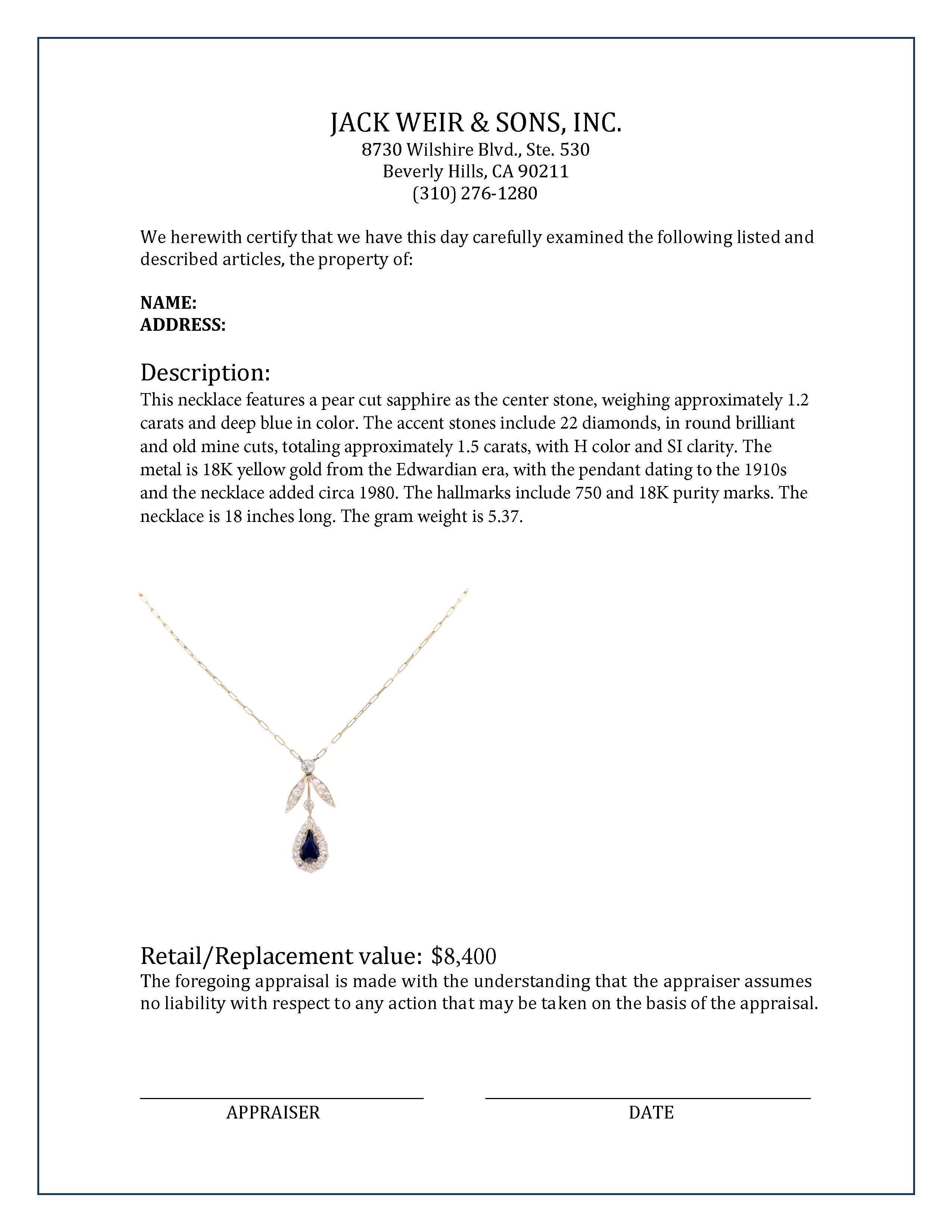 Edwardian Sapphire Diamond 18K Yellow Gold Cluster Necklace In Excellent Condition For Sale In Beverly Hills, CA