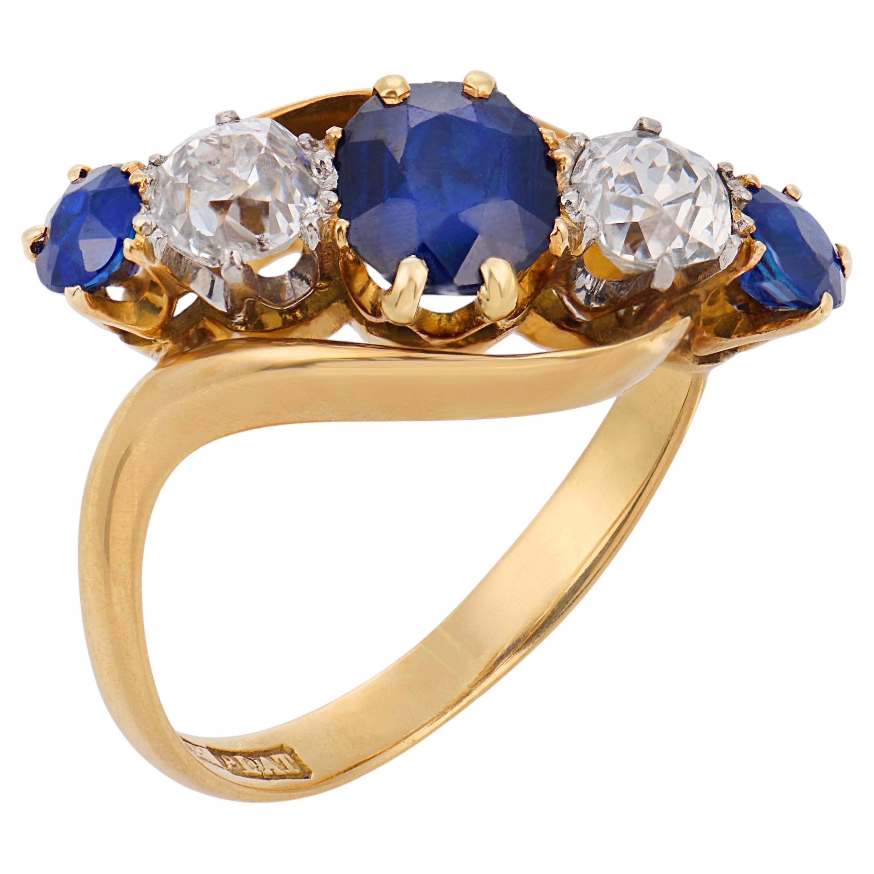 Edwardian sapphire diamond 18k yellow gold five stone ring For Sale