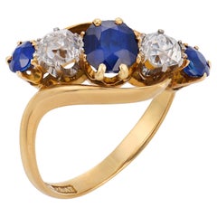 Edwardian sapphire diamond 18k yellow gold five stone ring
