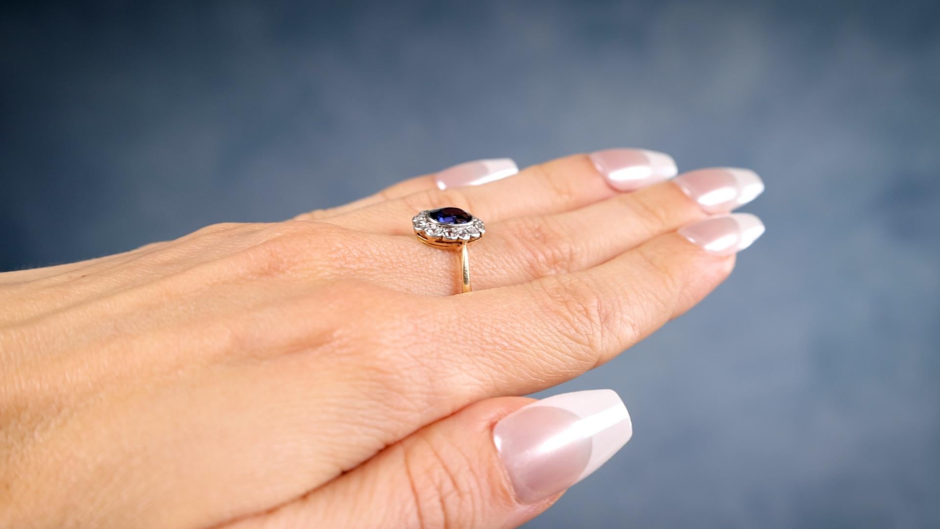 18k Gelbgold Platin-Ring mit edwardianischem Saphir und Diamant (Edwardian) im Angebot