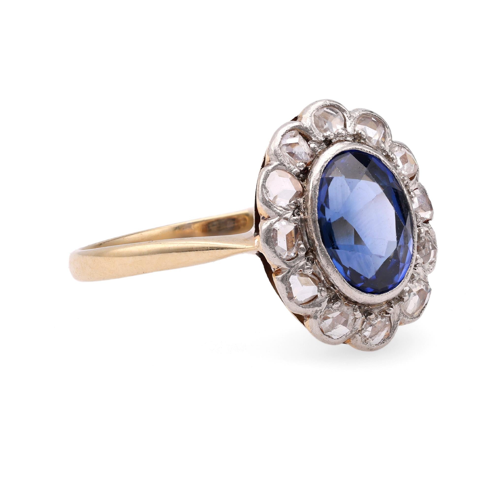 18k Gelbgold Platin-Ring mit edwardianischem Saphir und Diamant (Gemischter Schliff) im Angebot