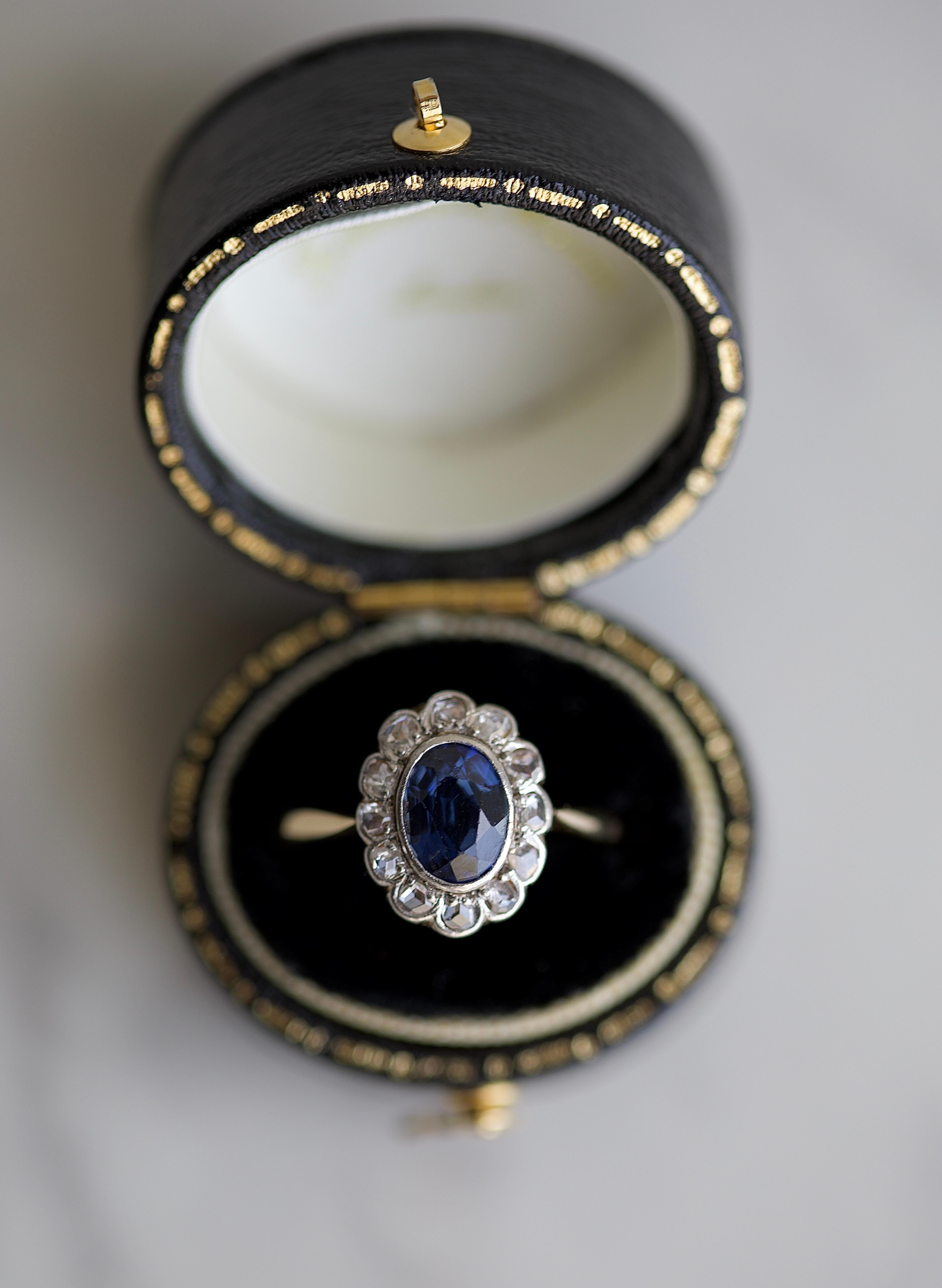 18k Gelbgold Platin-Ring mit edwardianischem Saphir und Diamant im Zustand „Gut“ in Beverly Hills, CA