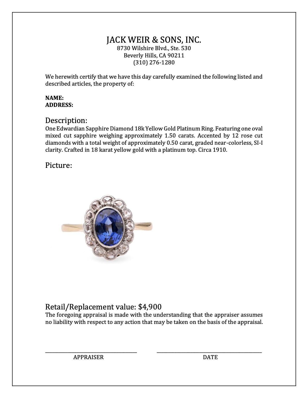 Edwardian Sapphire Diamond 18k Yellow Gold Platinum Ring For Sale 1