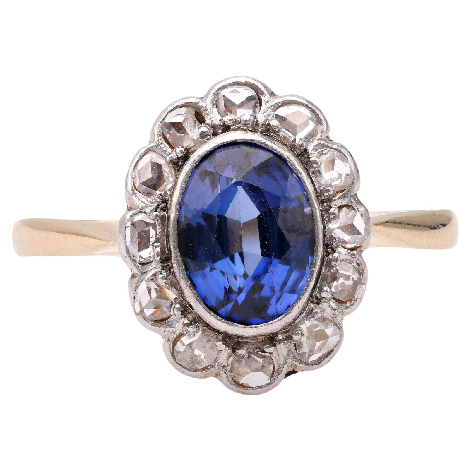 18k Gelbgold Platin-Ring mit edwardianischem Saphir und Diamant im Angebot