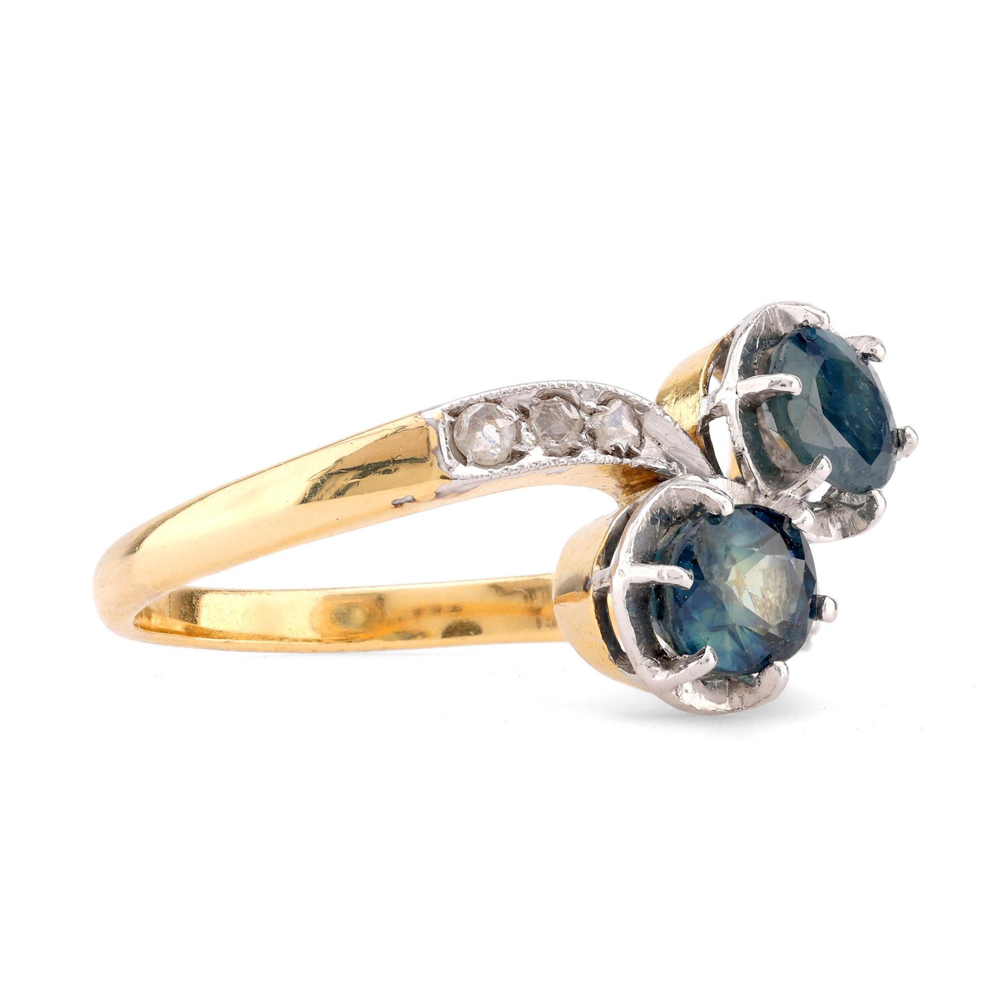 Oval Cut Edwardian Sapphire Diamond 18K Yellow Gold Toi Et Moi Ring