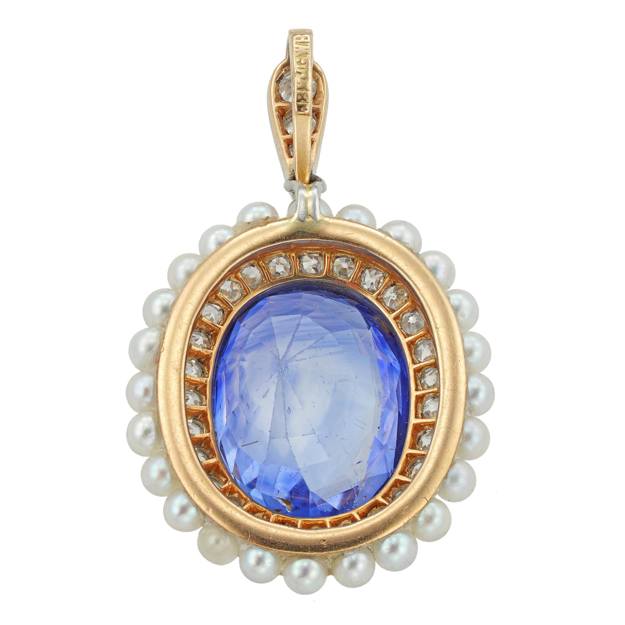 Oval Cut Edwardian Sapphire Diamond and Pearl Pendant For Sale